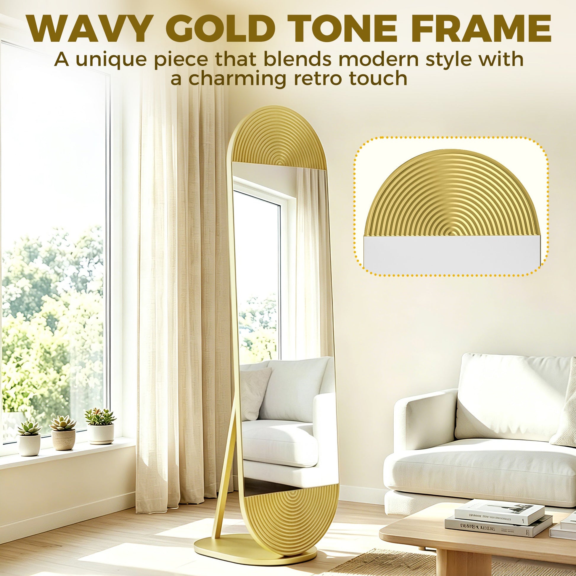 Wavy Full Length Mirror, 50 x 161 cm Free Standing Mirror with Metal Frame and Solid Base, for Bedroom, Living Room, Gold Tone