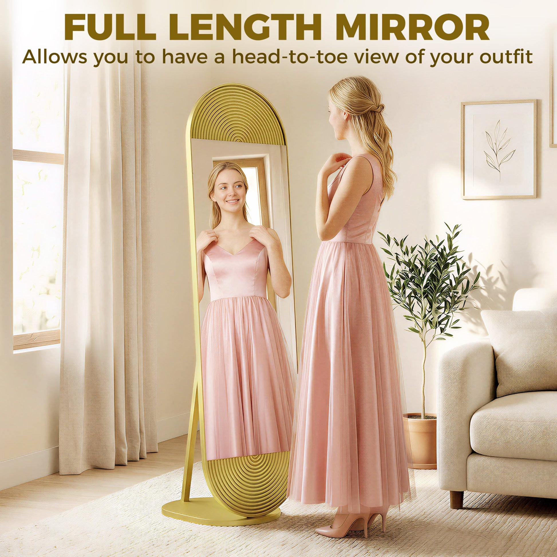 Wavy Full Length Mirror, 50 x 161 cm Free Standing Mirror with Metal Frame and Solid Base, for Bedroom, Living Room, Gold Tone