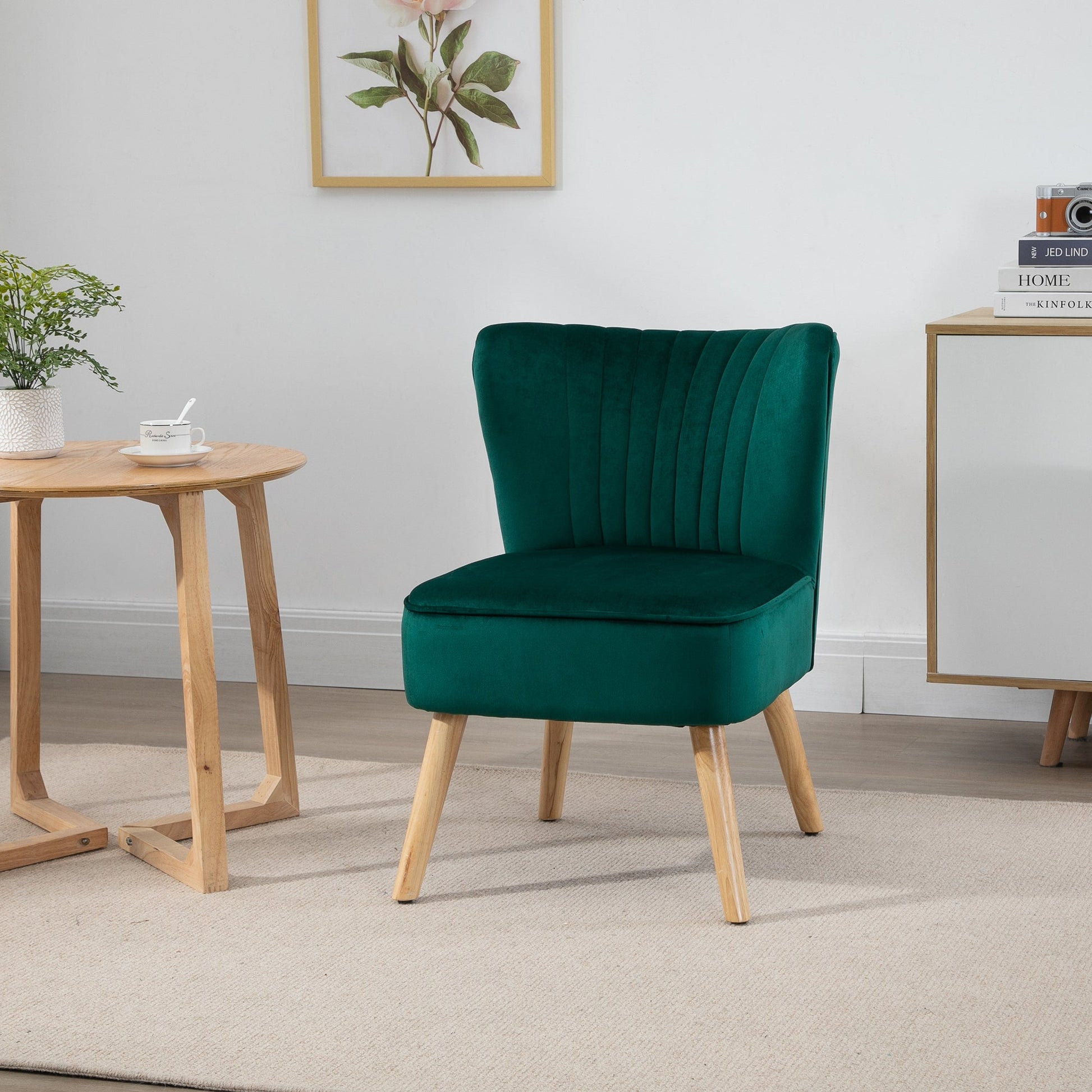 HOMCOM Velvet Accent Chair Occasional Tub Seat Padding Curved Back with Wood Frame Legs Home Furniture Green