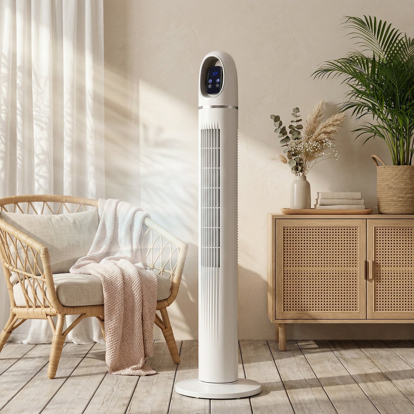 Tower Fan for Bedroom, Standing Floor Fan with 70° Oscillating, 3 Modes, 3 Speeds, 24 Hour Timer, LED Display and Remote Control, 44 inch, White