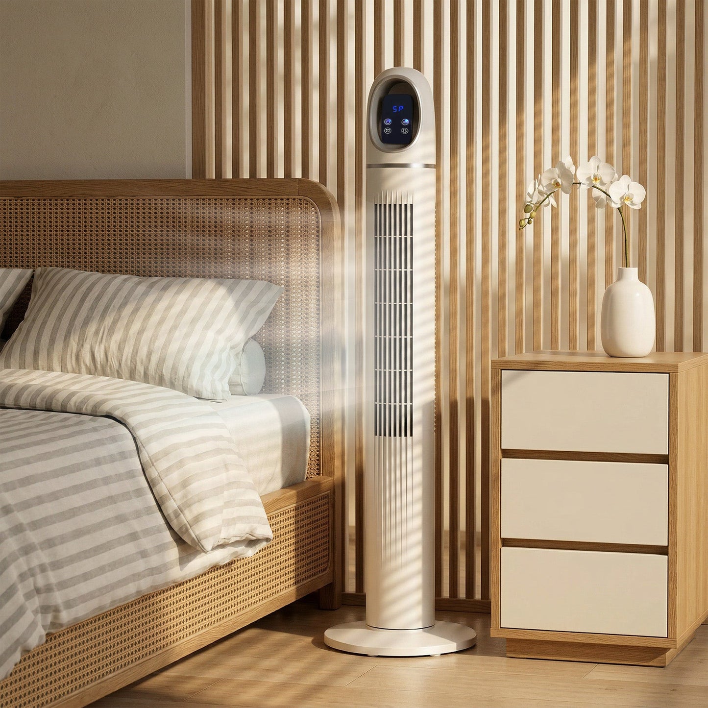 Tower Fan for Bedroom, Standing Floor Fan with 70° Oscillating, 3 Modes, 3 Speeds, 24 Hour Timer, LED Display and Remote Control, 44 inch, White