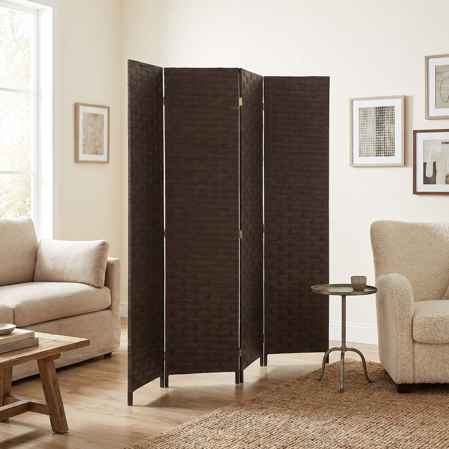 4-Panel Room Dividers, Wave Fibre Freestanding Folding Privacy Screen Panels, Partition Wall Divider for Indoor Bedroom Office, 170 cm, Dark Brown
