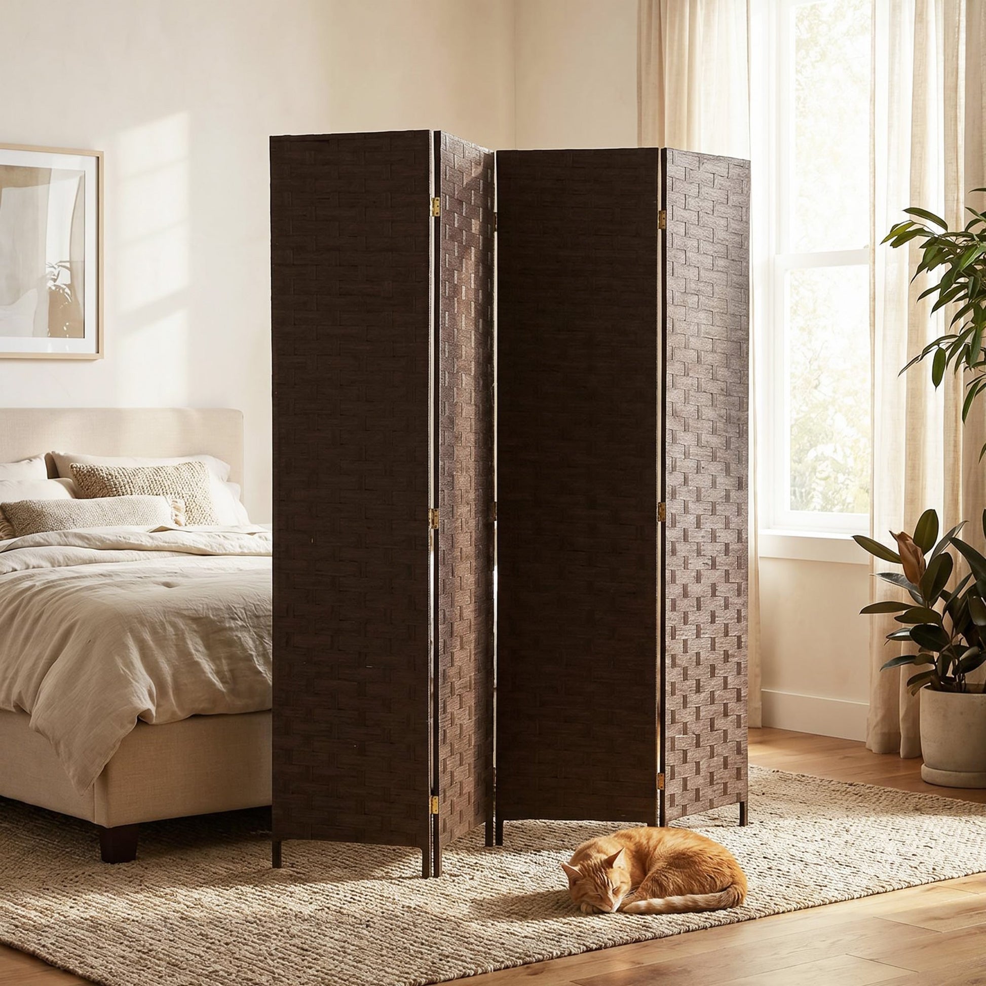 4-Panel Room Dividers, Wave Fibre Freestanding Folding Privacy Screen Panels, Partition Wall Divider for Indoor Bedroom Office, 170 cm, Dark Brown
