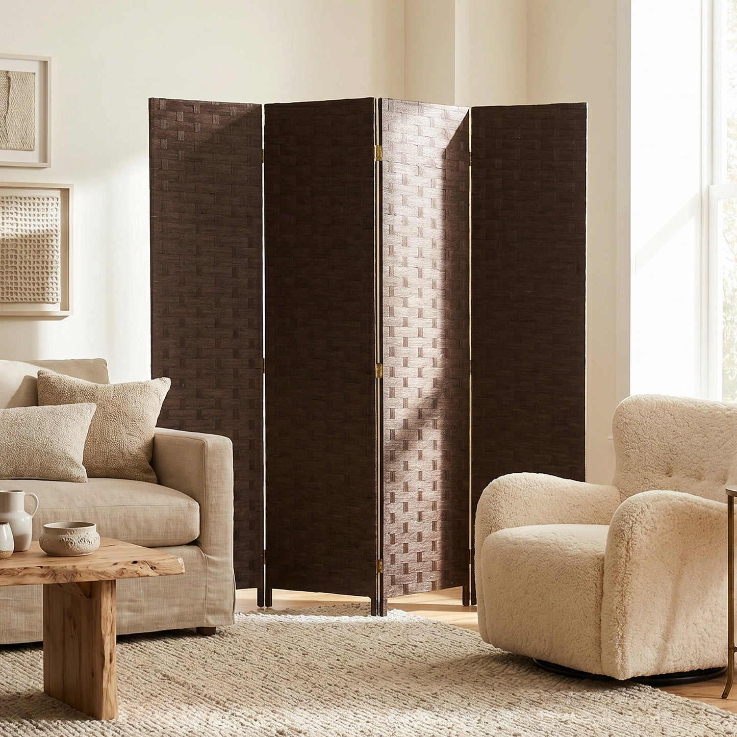 4-Panel Room Dividers, Wave Fibre Freestanding Folding Privacy Screen Panels, Partition Wall Divider for Indoor Bedroom Office, 170 cm, Dark Brown