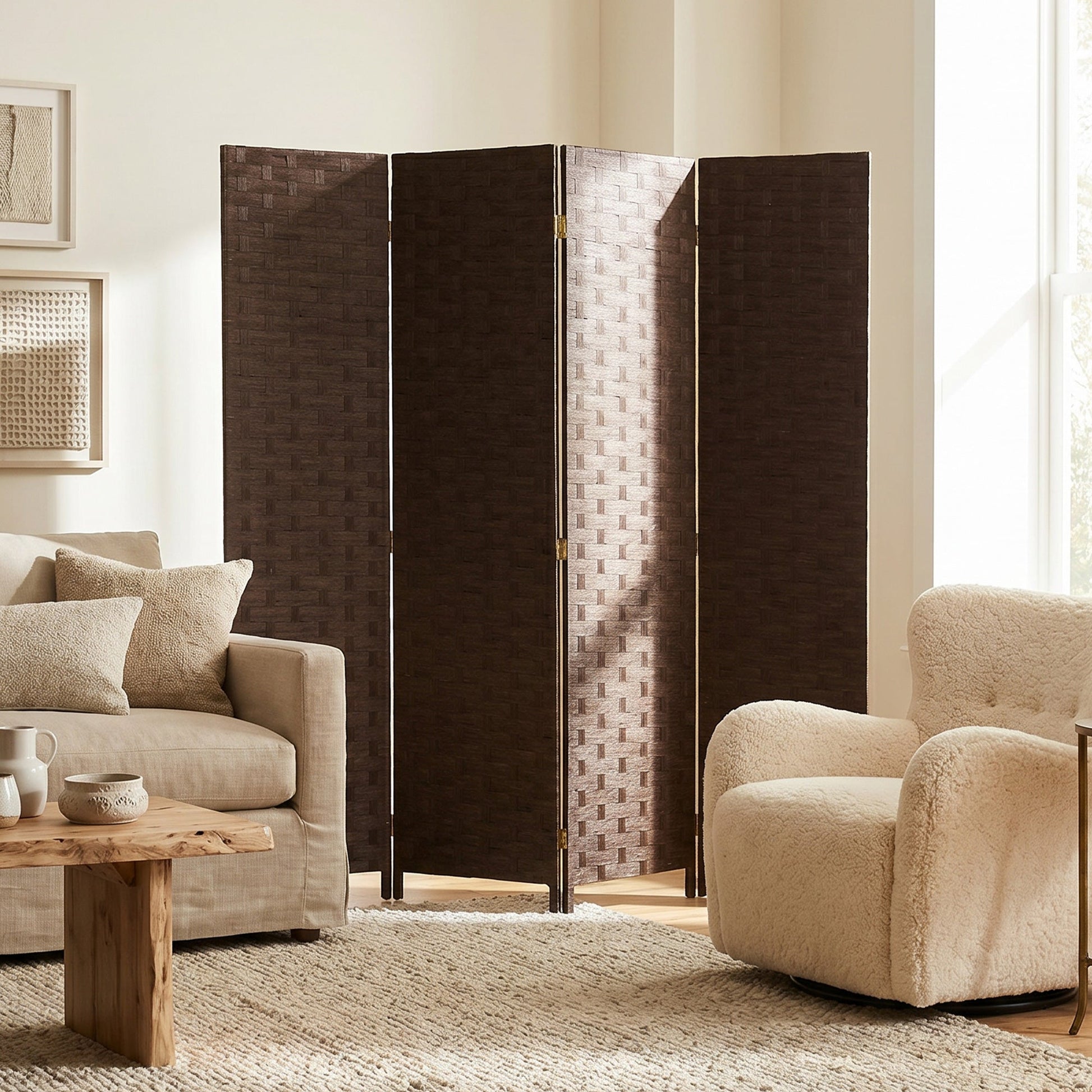 4-Panel Room Dividers, Wave Fibre Freestanding Folding Privacy Screen Panels, Partition Wall Divider for Indoor Bedroom Office, 170 cm, Dark Brown