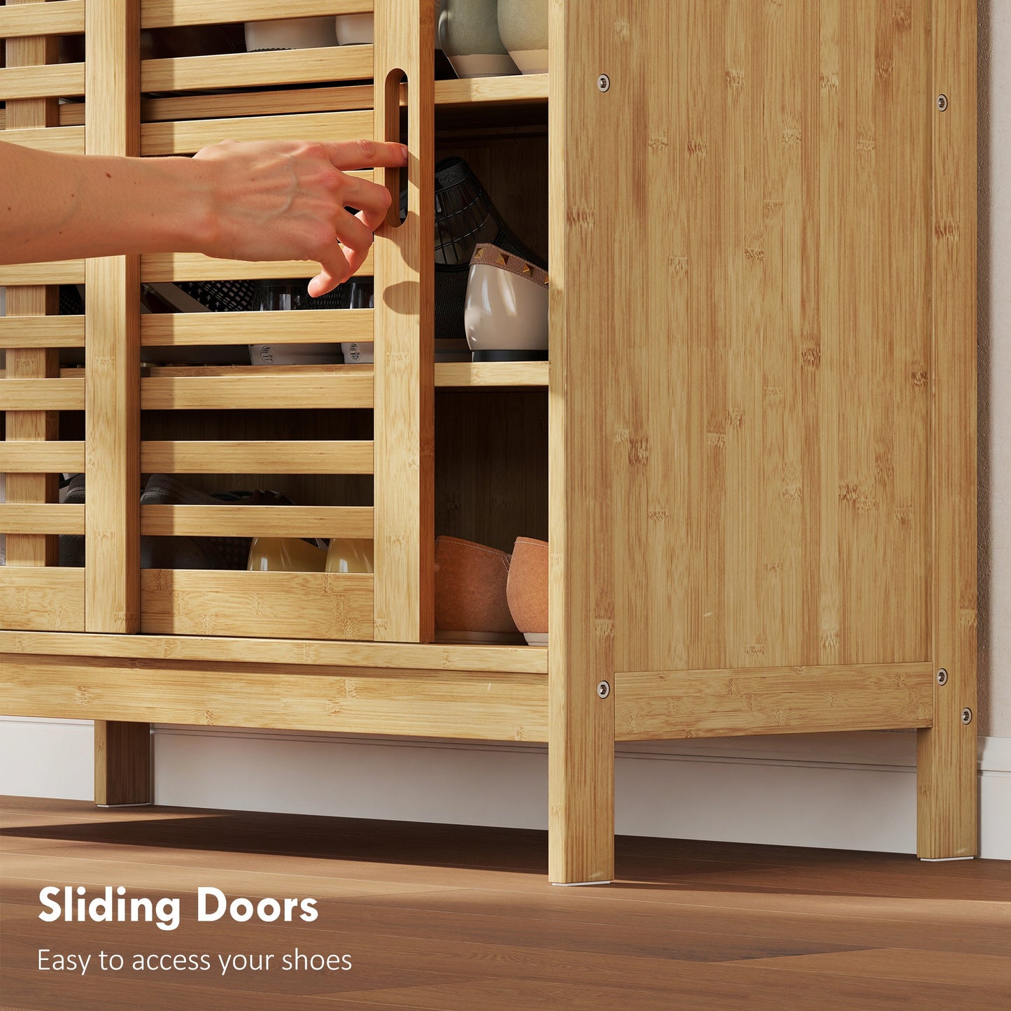 Bamboo Shoe Cabinet with 2 Sliding Slat Doors, 16Pairs Hallway Shoe Cupboard with Adjustable Shelves, Entryway Storage Unit, Natural
