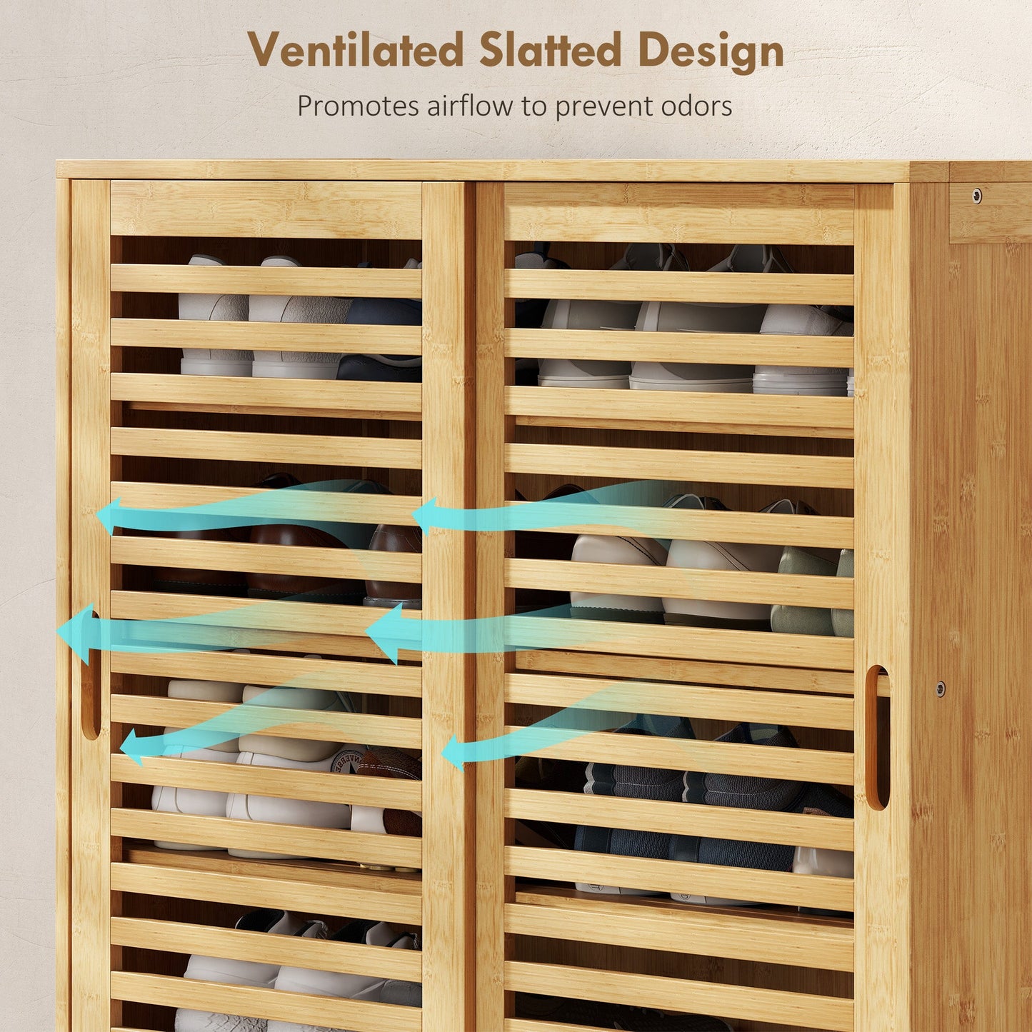 Bamboo Shoe Cabinet with 2 Sliding Slat Doors, 16Pairs Hallway Shoe Cupboard with Adjustable Shelves, Entryway Storage Unit, Natural