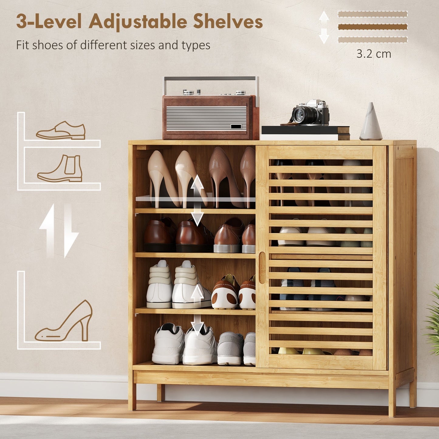 Bamboo Shoe Cabinet with 2 Sliding Slat Doors, 16Pairs Hallway Shoe Cupboard with Adjustable Shelves, Entryway Storage Unit, Natural