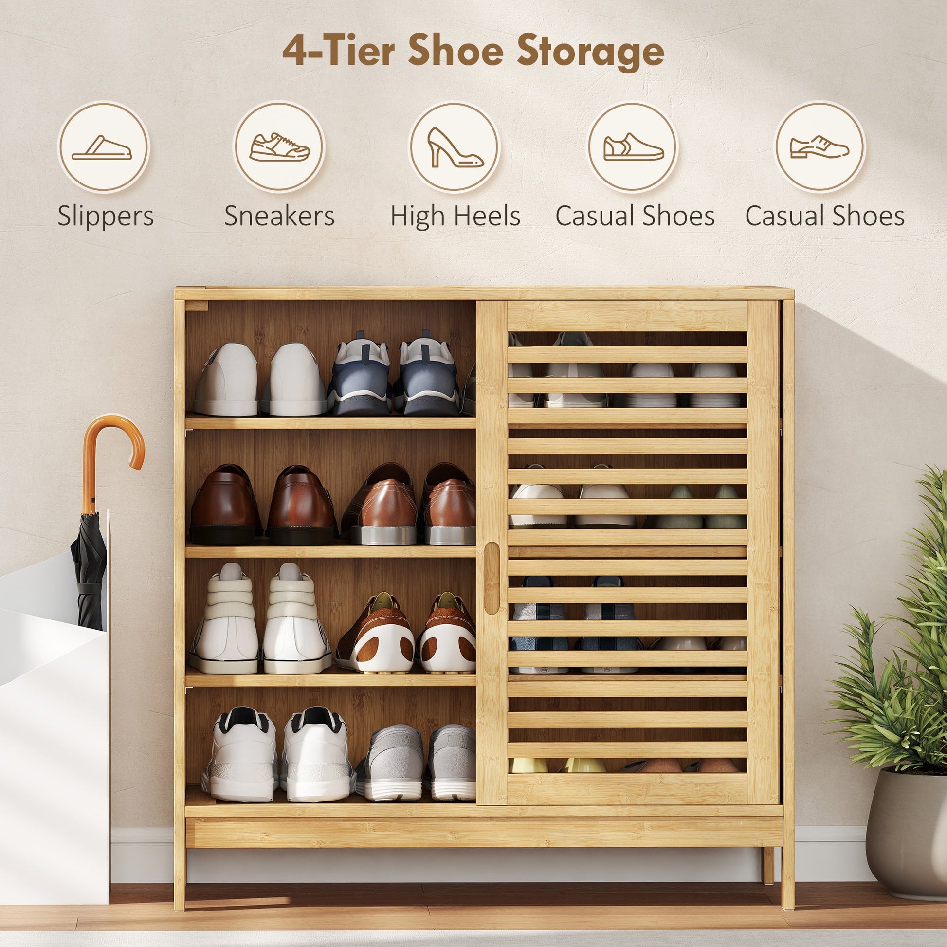 Bamboo Shoe Cabinet with 2 Sliding Slat Doors, 16Pairs Hallway Shoe Cupboard with Adjustable Shelves, Entryway Storage Unit, Natural