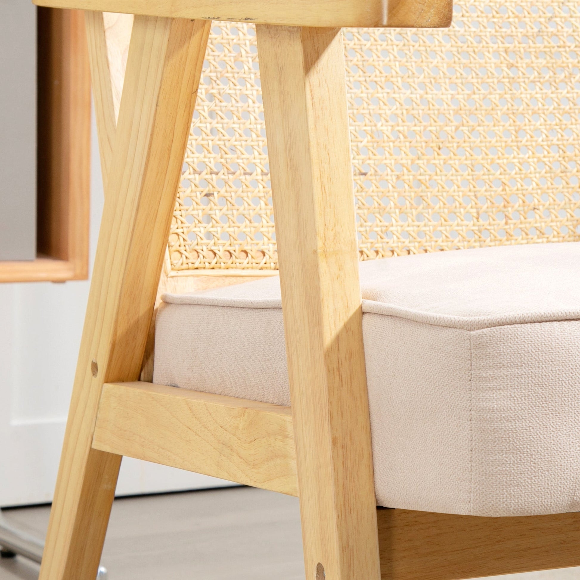 HOMCOM Armchair, Fabric Accent Chair with Rattan Back, Rubber Wood Frame and Padded Seat Cushion for Living Room, Bedroom, Home Office, Cream White Finish