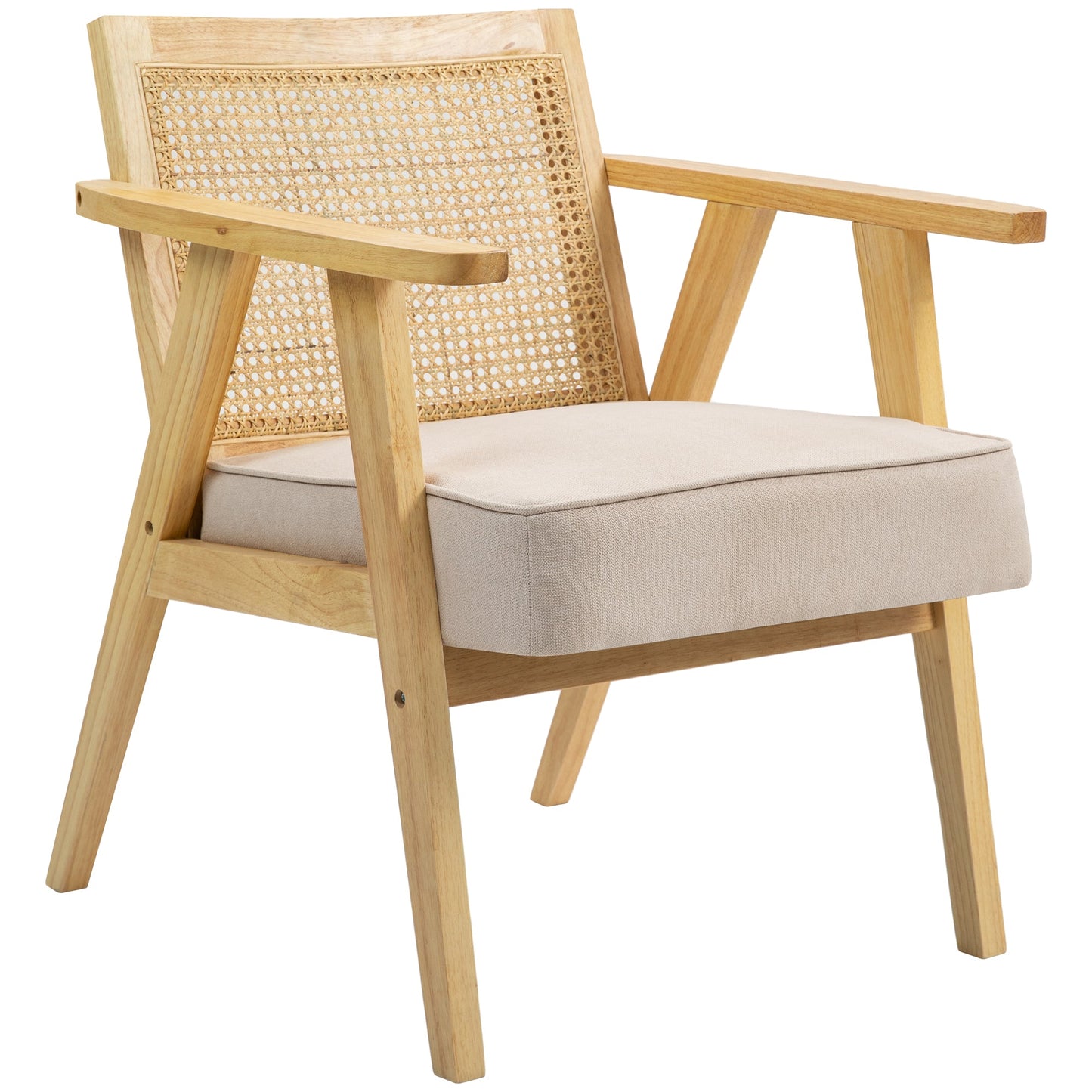 HOMCOM Armchair, Fabric Accent Chair with Rattan Back, Rubber Wood Frame and Padded Seat Cushion for Living Room, Bedroom, Home Office, Cream White Finish