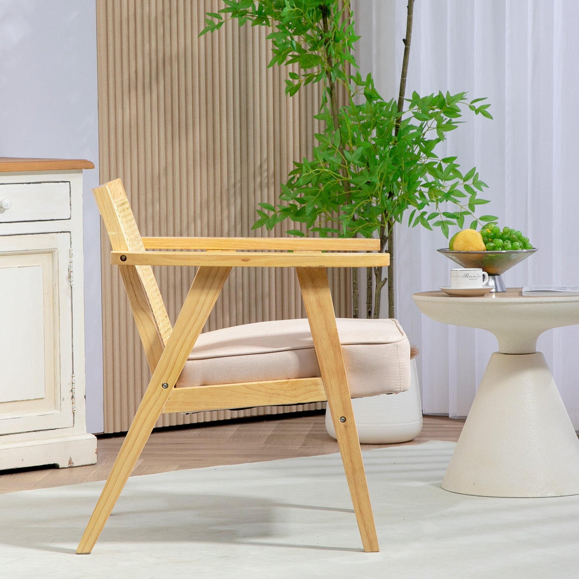 HOMCOM Armchair, Fabric Accent Chair with Rattan Back, Rubber Wood Frame and Padded Seat Cushion for Living Room, Bedroom, Home Office, Cream White Finish
