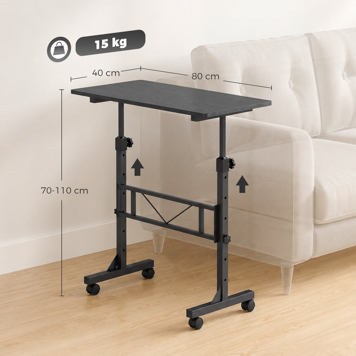 Overbed Table With Wheels and Brakes, Adjustable Height Laptop Desk, Portable Hospital Bed Table with Steel Frame for Living Room, Bedroom and Study, Black