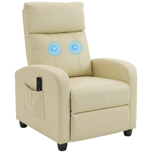 Recliner Armchair, Massage Faux Leather Push Back Reclining Chair with Adjustable Leg Rest, Side Pocket, for Home Living Room Theatre, Cream White
