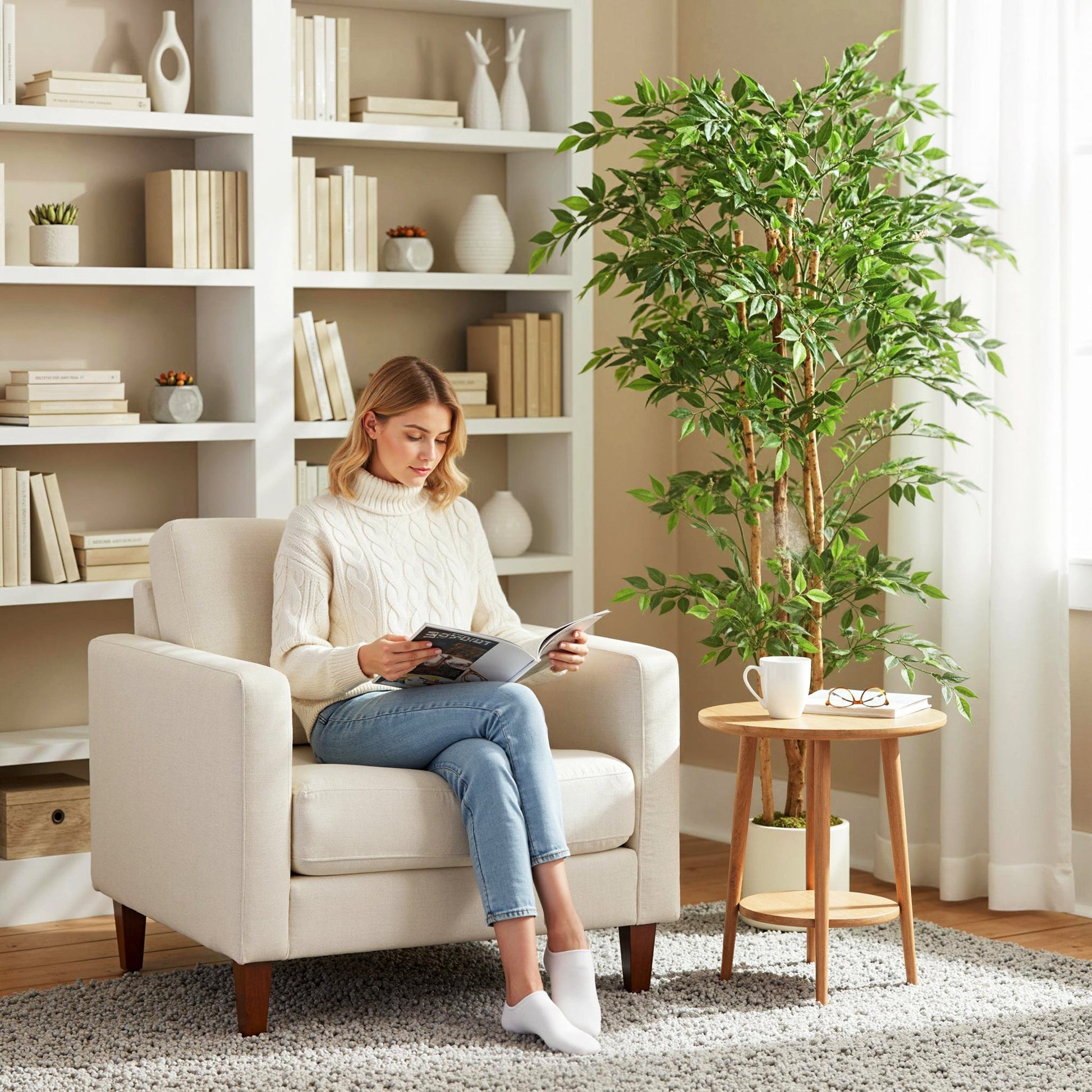 180cm Artificial Ficus Tree, Decorative Artificial Plant with Solid Wood Trunk and Pot for Indoor Living Room Home Office Decor, Green