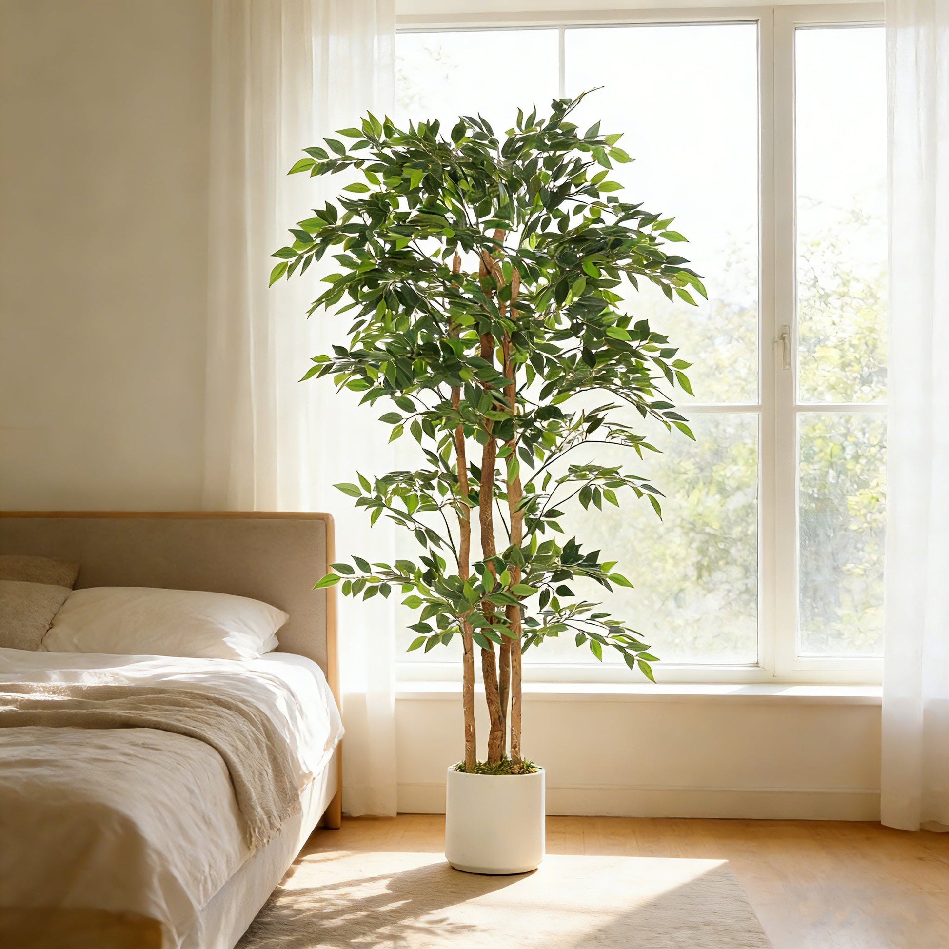 180cm Artificial Ficus Tree, Decorative Artificial Plant with Solid Wood Trunk and Pot for Indoor Living Room Home Office Decor, Green