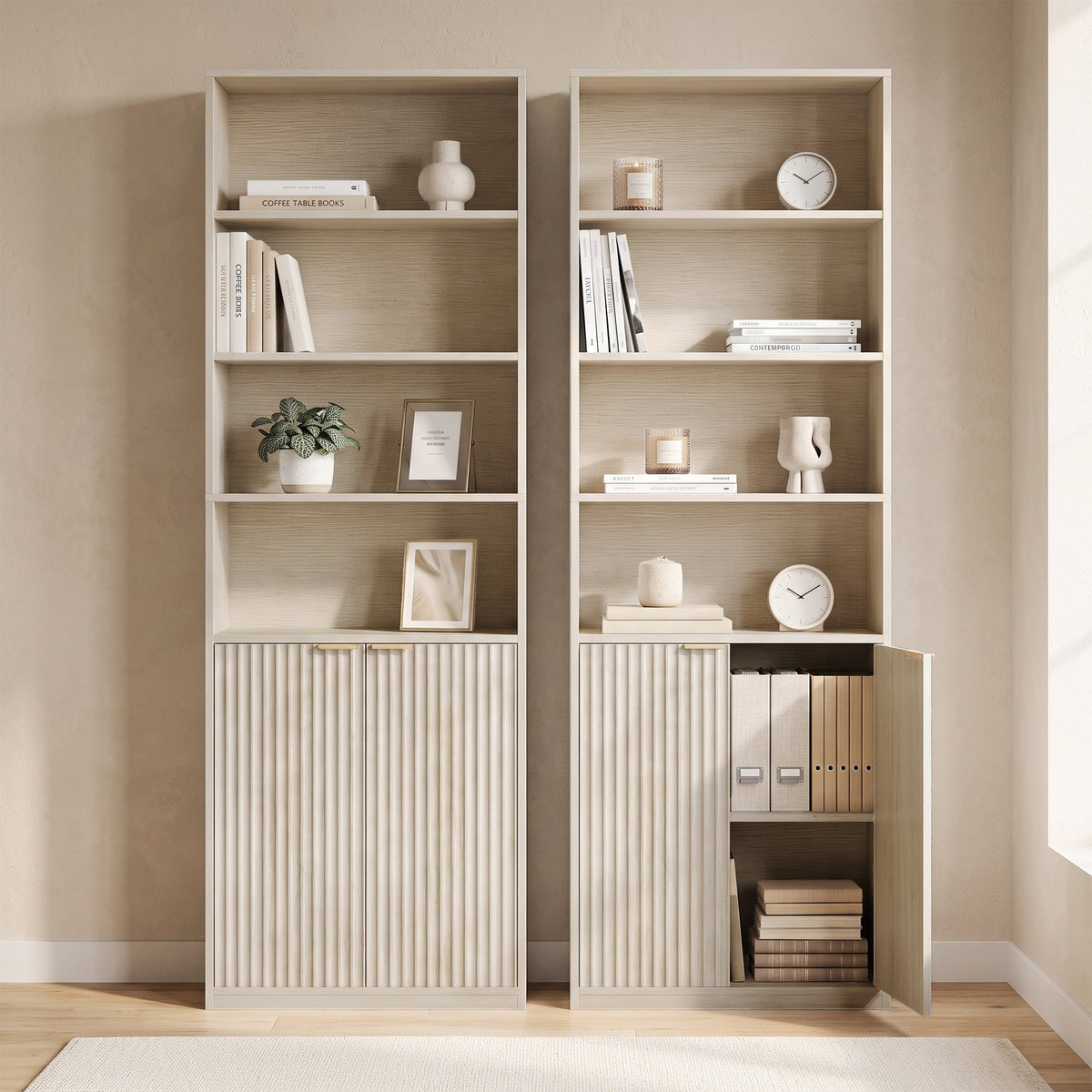 Slim Bookcase, 6-Tier Tall Bookshelf, Freestanding Shelving Unit with Cabinet, Adjustable Shelf, 60 x 24 x 182 cm for Living Room, Study, Home Office, Oak Wood Effect