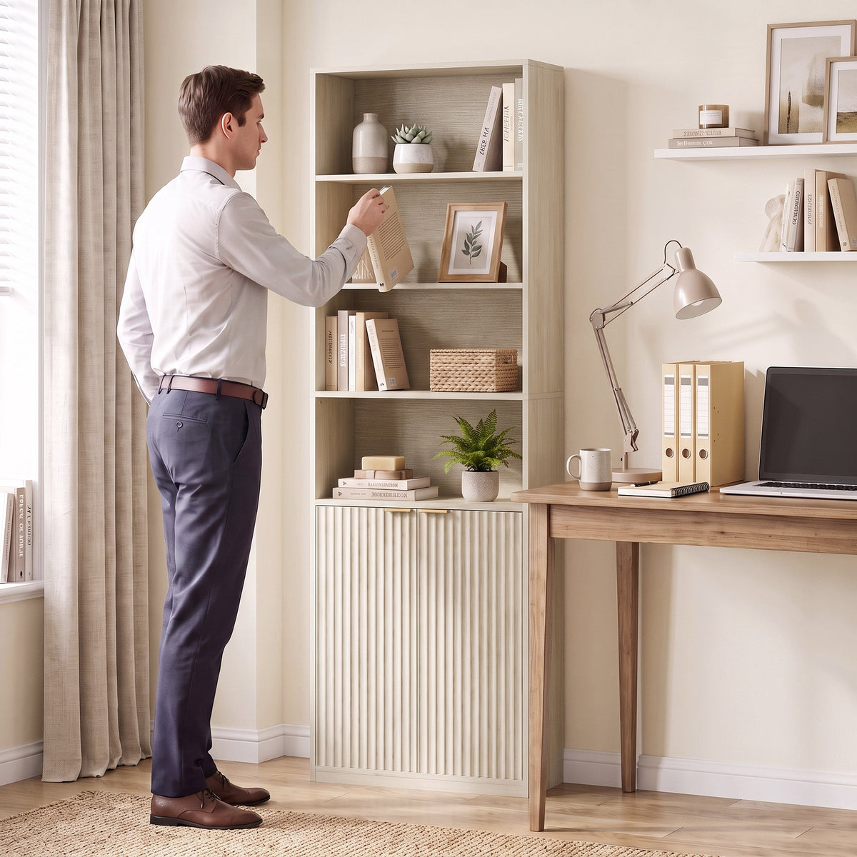 Slim Bookcase, 6-Tier Tall Bookshelf, Freestanding Shelving Unit with Cabinet, Adjustable Shelf, 60 x 24 x 182 cm for Living Room, Study, Home Office, Oak Wood Effect