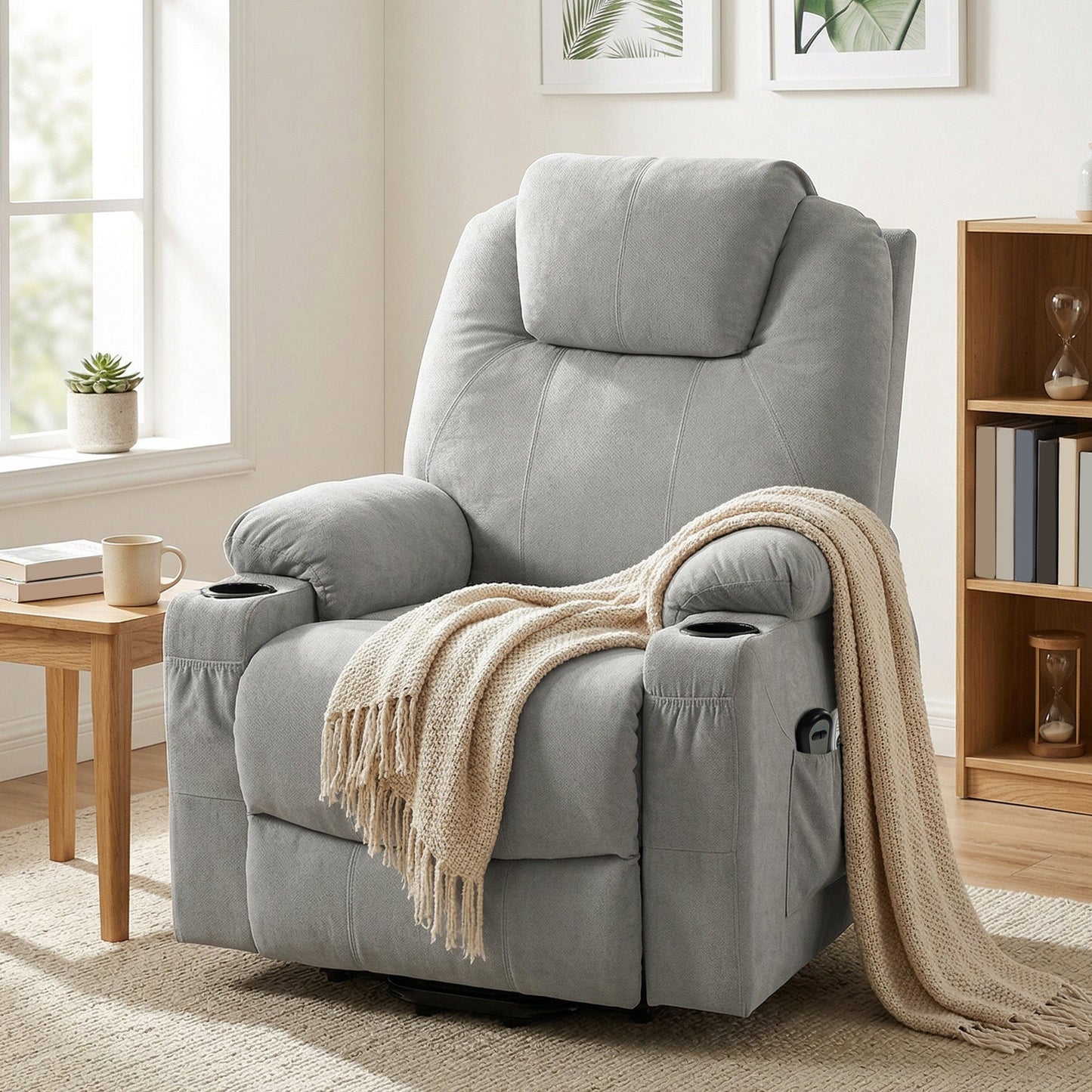 Power Lift Recliner Chair with Vibration Massage and Heat, Electric Lift Chair with Pocket Spring & Wide Backrest, Fabric Riser and Reclining Armchair with Remote, Side Pockets, Light Grey
