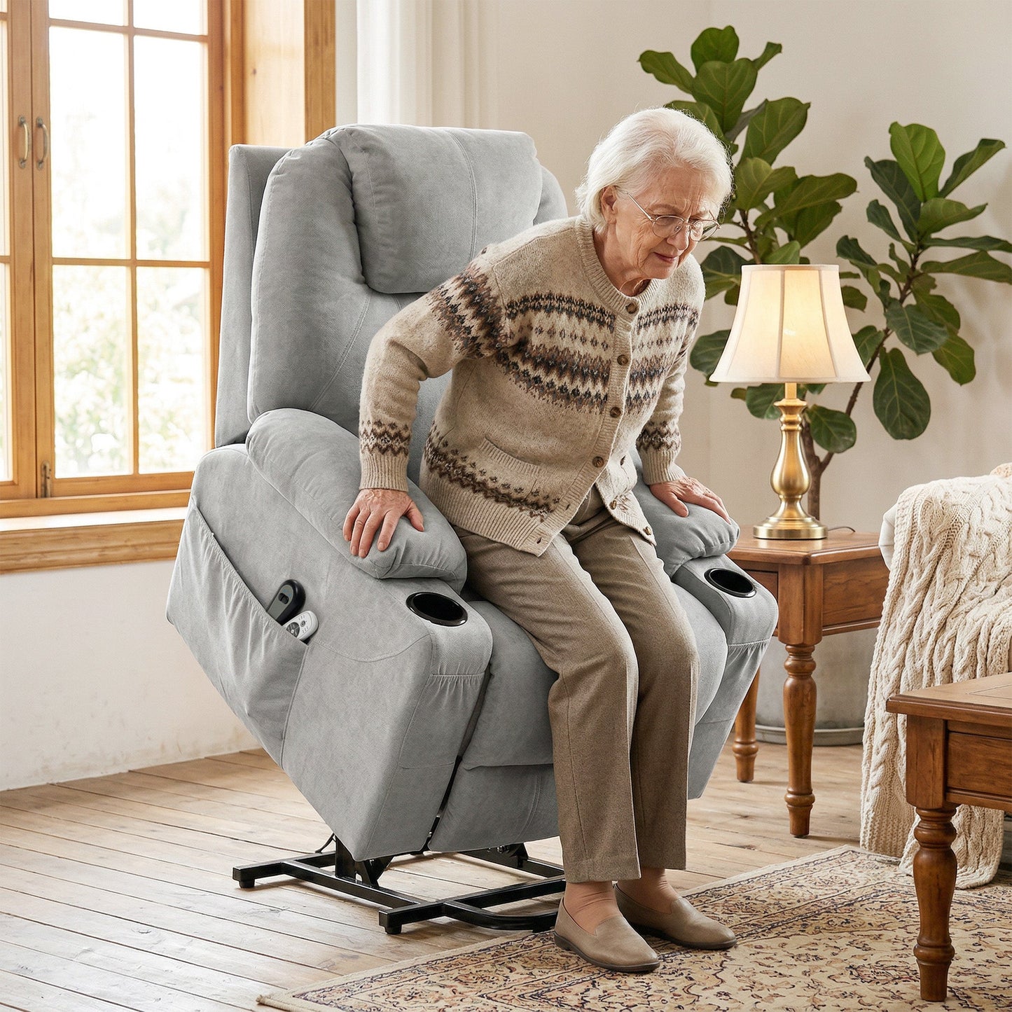 Power Lift Recliner Chair with Vibration Massage and Heat, Electric Lift Chair with Pocket Spring & Wide Backrest, Fabric Riser and Reclining Armchair with Remote, Side Pockets, Light Grey