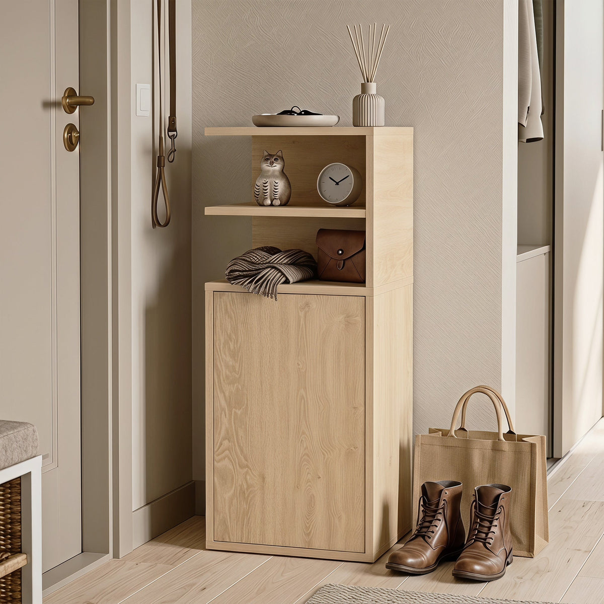 Slim Bedside Table Set of 2, Narrow Bedside Cabinet with Open Cubbies and Cupboard, Side End Table for Bedroom Living Room Compact Nooks, 30 x 25 x 60 cm, Oak