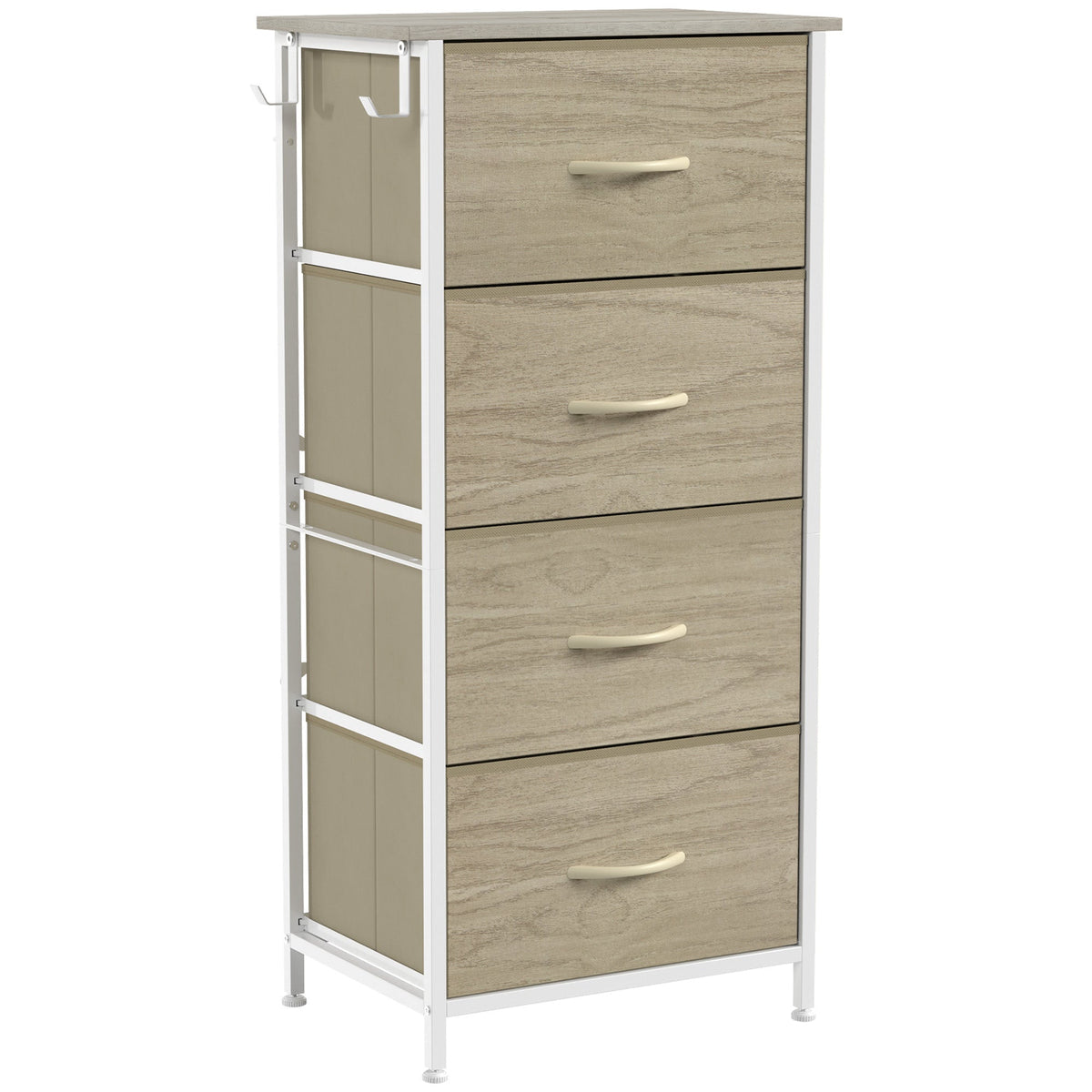 Chest of Drawers, Dresser for Bedroom with 4 Fabric Drawers, Tall Storage Unit with 4 Pockets, 2 Hooks and Steel Frame for Living Room, Hallway, Natural Wood Finish