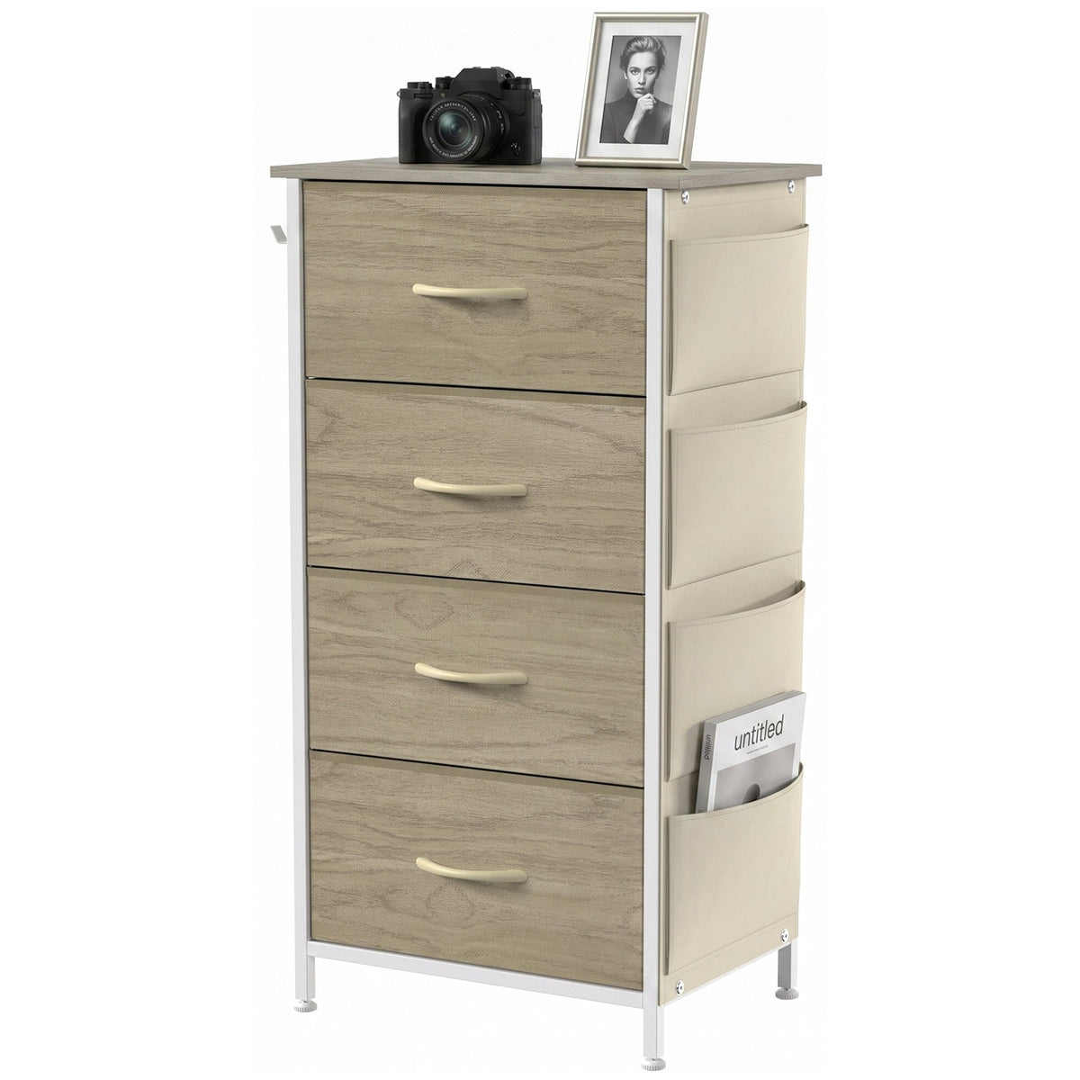 Chest of Drawers, Dresser for Bedroom with 4 Fabric Drawers, Tall Storage Unit with 4 Pockets, 2 Hooks and Steel Frame for Living Room, Hallway, Natural Wood Finish