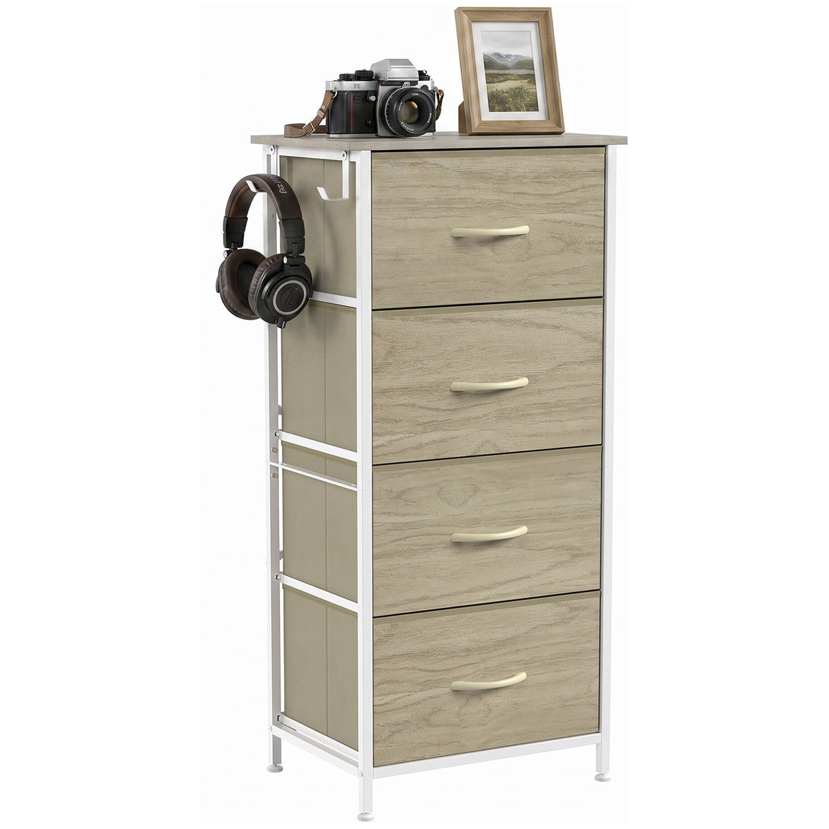 Chest of Drawers, Dresser for Bedroom with 4 Fabric Drawers, Tall Storage Unit with 4 Pockets, 2 Hooks and Steel Frame for Living Room, Hallway, Natural Wood Finish