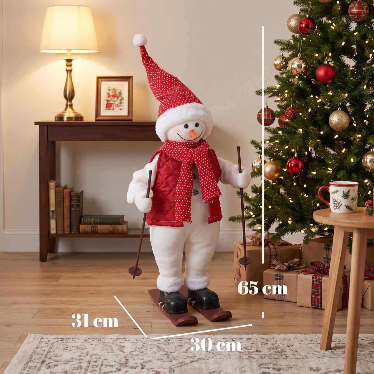 2ft Singing Skiing Santa Claus, 65 cm Standing Musical Animated Santa with Ski Board and Poles, Posable Arms, Handcrafted, Sound Touch Activated, Moving Christmas Figure Decoration
