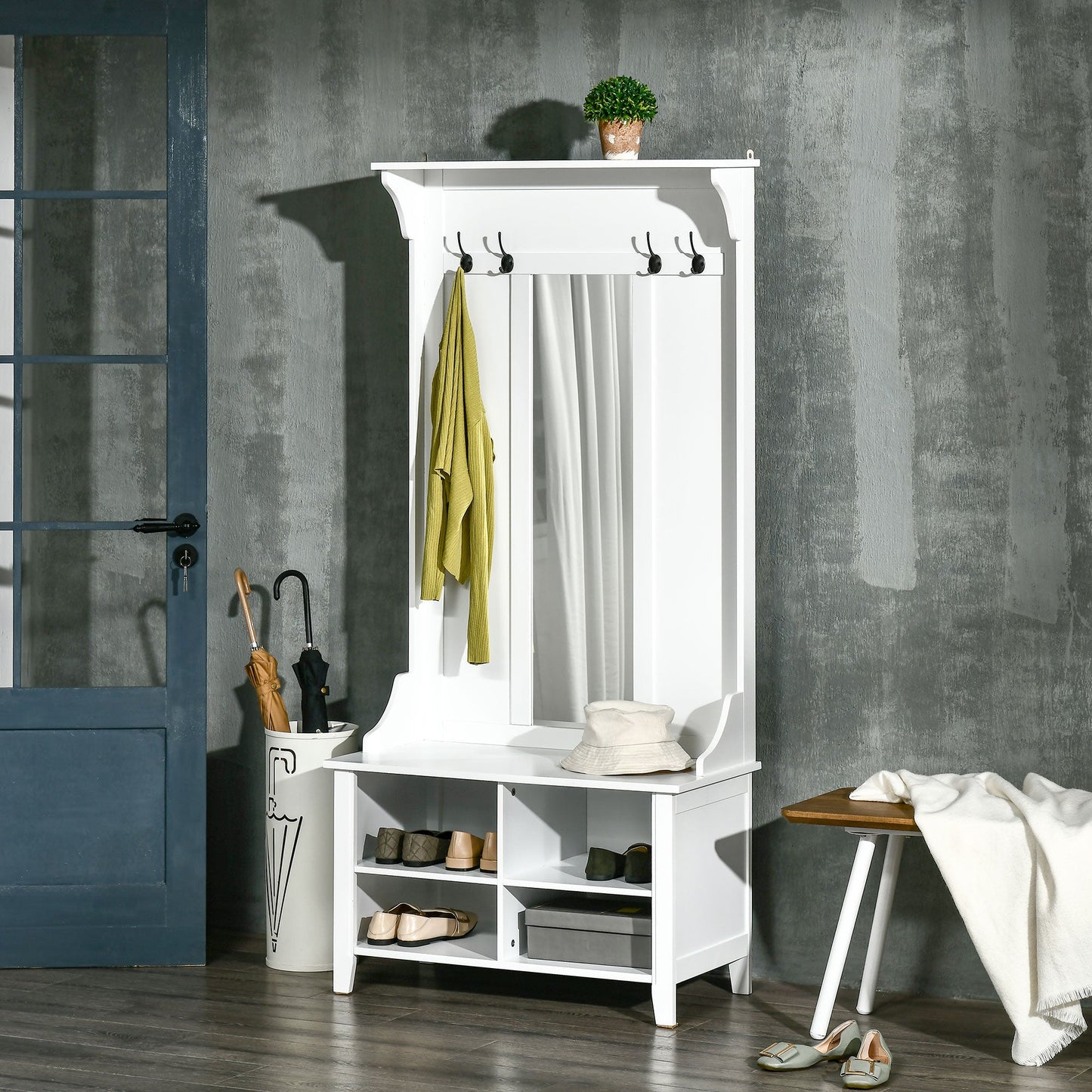 Hallway Furniture Set Shoe Bench Storage Mirror Cabinet Coat Rack Multiple Cubes Hangers Organiser Shelves w/ 4 Hooks