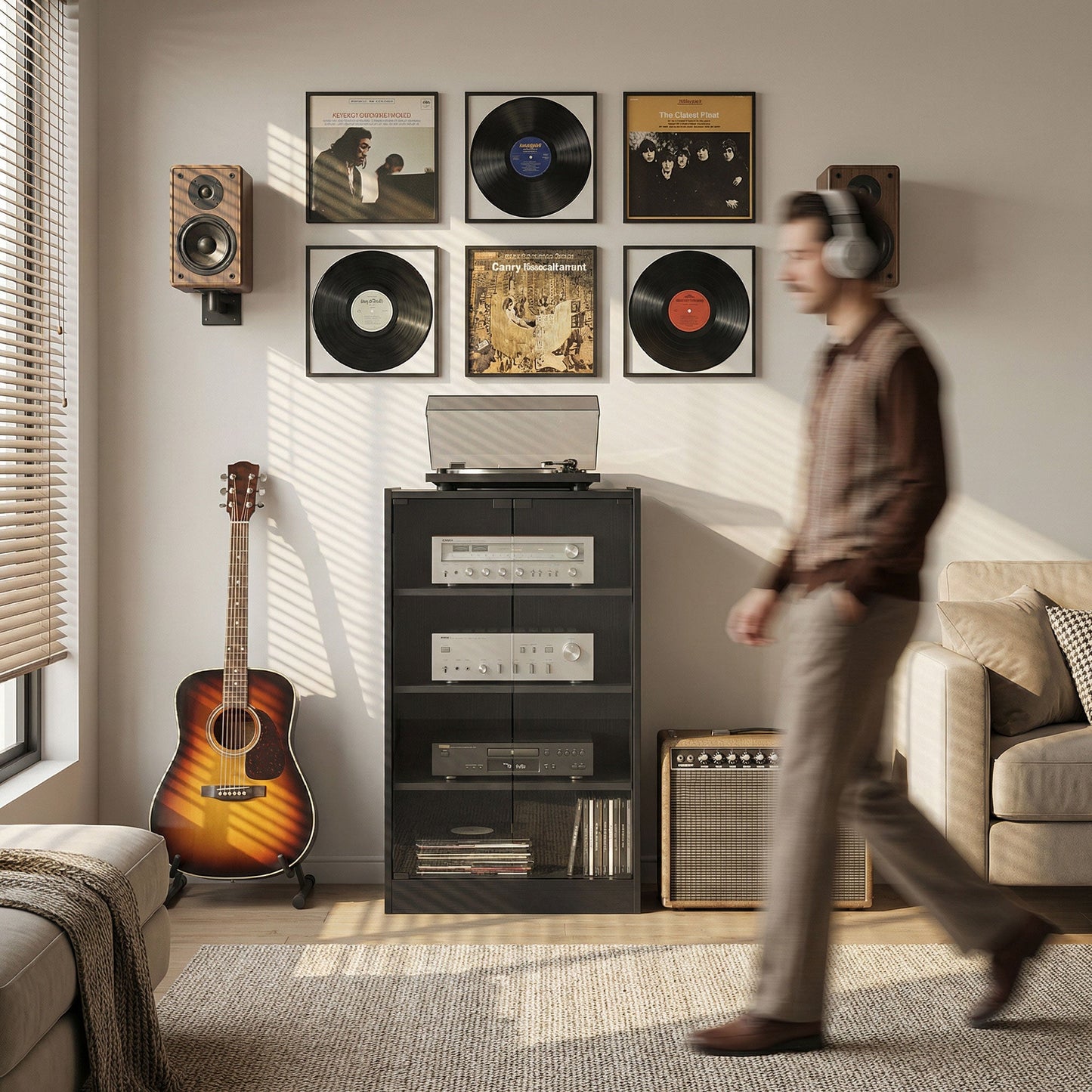 Record Player Stand with Storage, 4-Tier Hi-Fi Stand, Media Cabinet with Adjustable Shelves, Push-to-Open Glass Doors and Cable Management for Music Room and Living Room, Black Wood-Effect