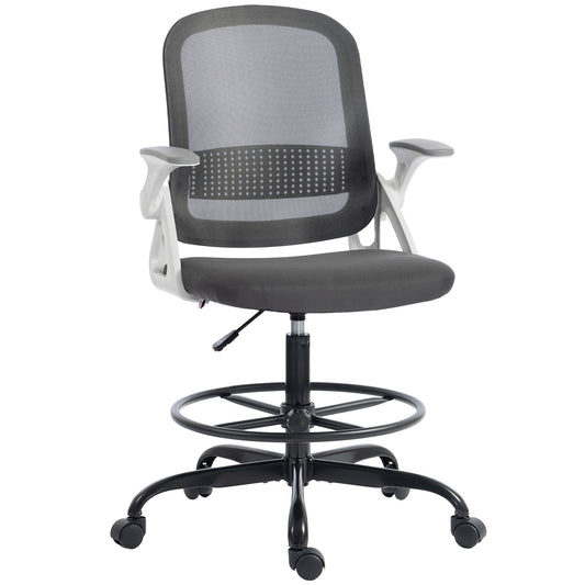 Drafting Chair, Mesh Standing Desk Chair with Flip-up Armrests, Adjustable Height and Footrest, Lumbar Support, Rolling Wheels for Home Office, Grey