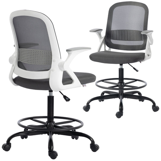 Drafting Chair, Mesh Standing Desk Chair with Flip-up Armrests, Adjustable Height and Footrest, Lumbar Support, Rolling Wheels for Home Office, Grey