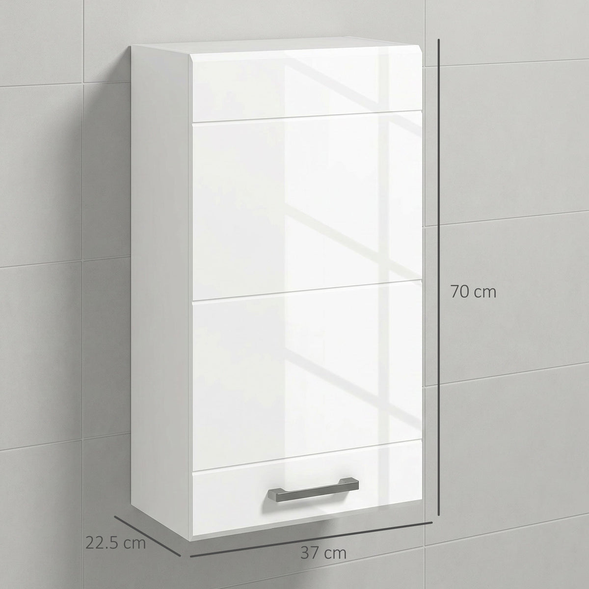 Bathroom Wall Cabinet, High Gloss Wall Mount Bathroom Storage Cabinet with Soft-Close Door, 3 Shelves, Adjustable Shelf for Hallway, Living Room, Over Toilet, 37x22.5x70 cm, White
