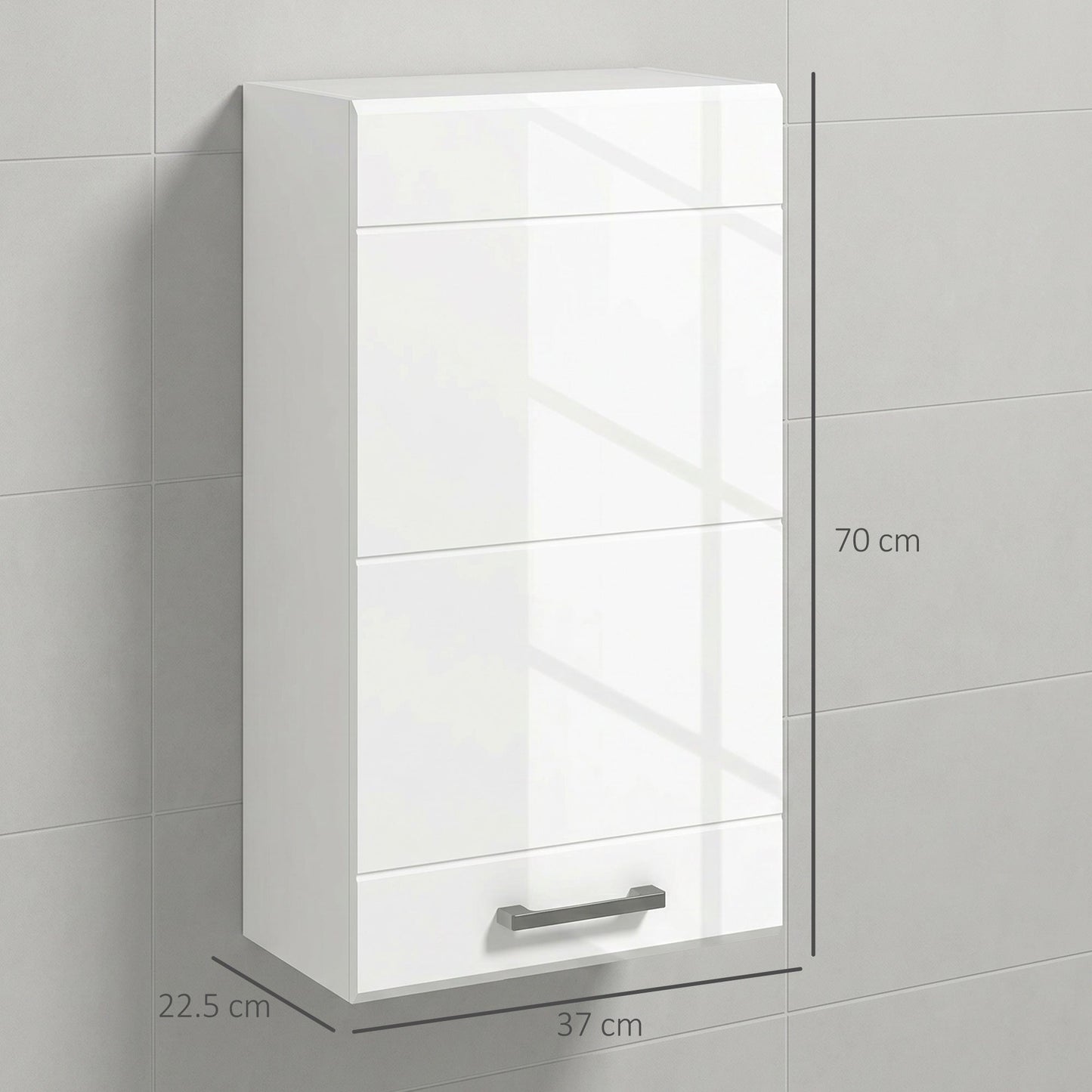 Bathroom Wall Cabinet, High Gloss Wall Mount Bathroom Storage Cabinet with Soft-Close Door, 3 Shelves, Adjustable Shelf for Hallway, Living Room, Over Toilet, 37x22.5x70 cm, White