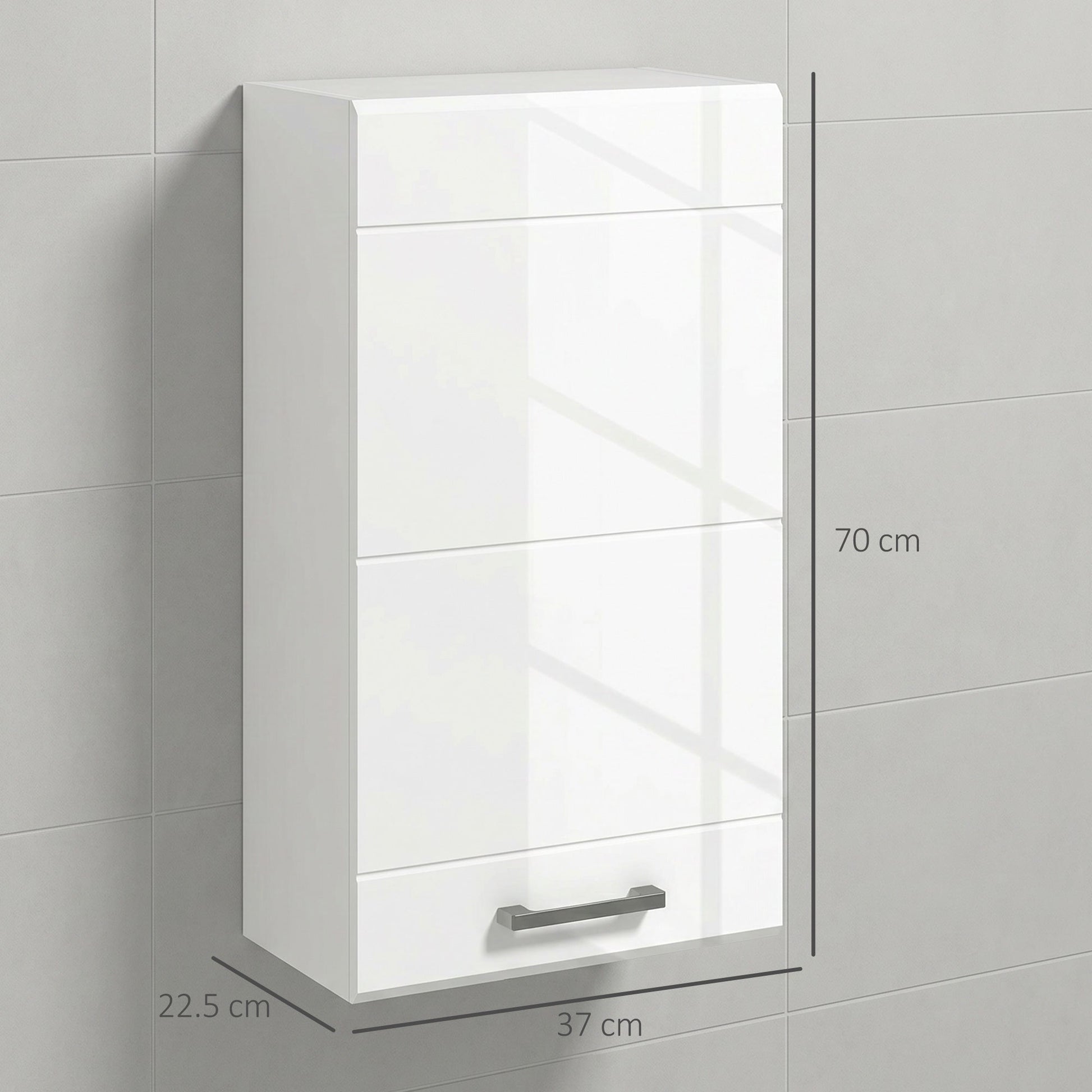 Bathroom Wall Cabinet, High Gloss Wall Mount Bathroom Storage Cabinet with Soft-Close Door, 3 Shelves, Adjustable Shelf for Hallway, Living Room, Over Toilet, 37x22.5x70 cm, White