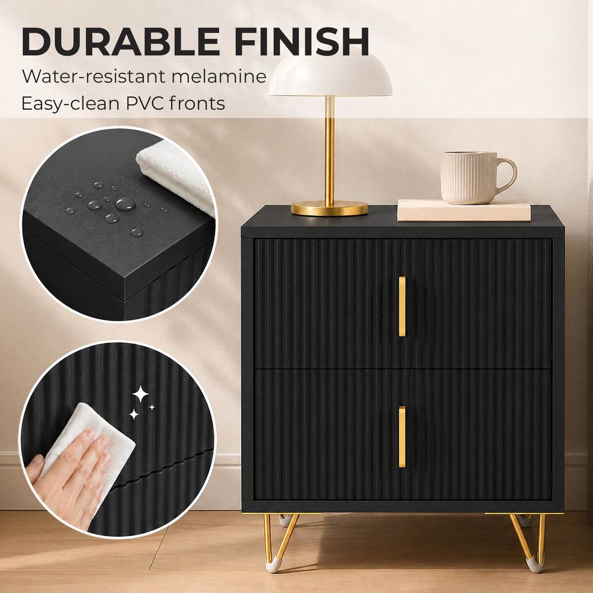 Bedside Table, Small Fluted Bedside Cabinet with 2 Drawers, Modern Nightstand, End Sofa Side Table with Hairpin Legs for Bedroom, Living Room, Black