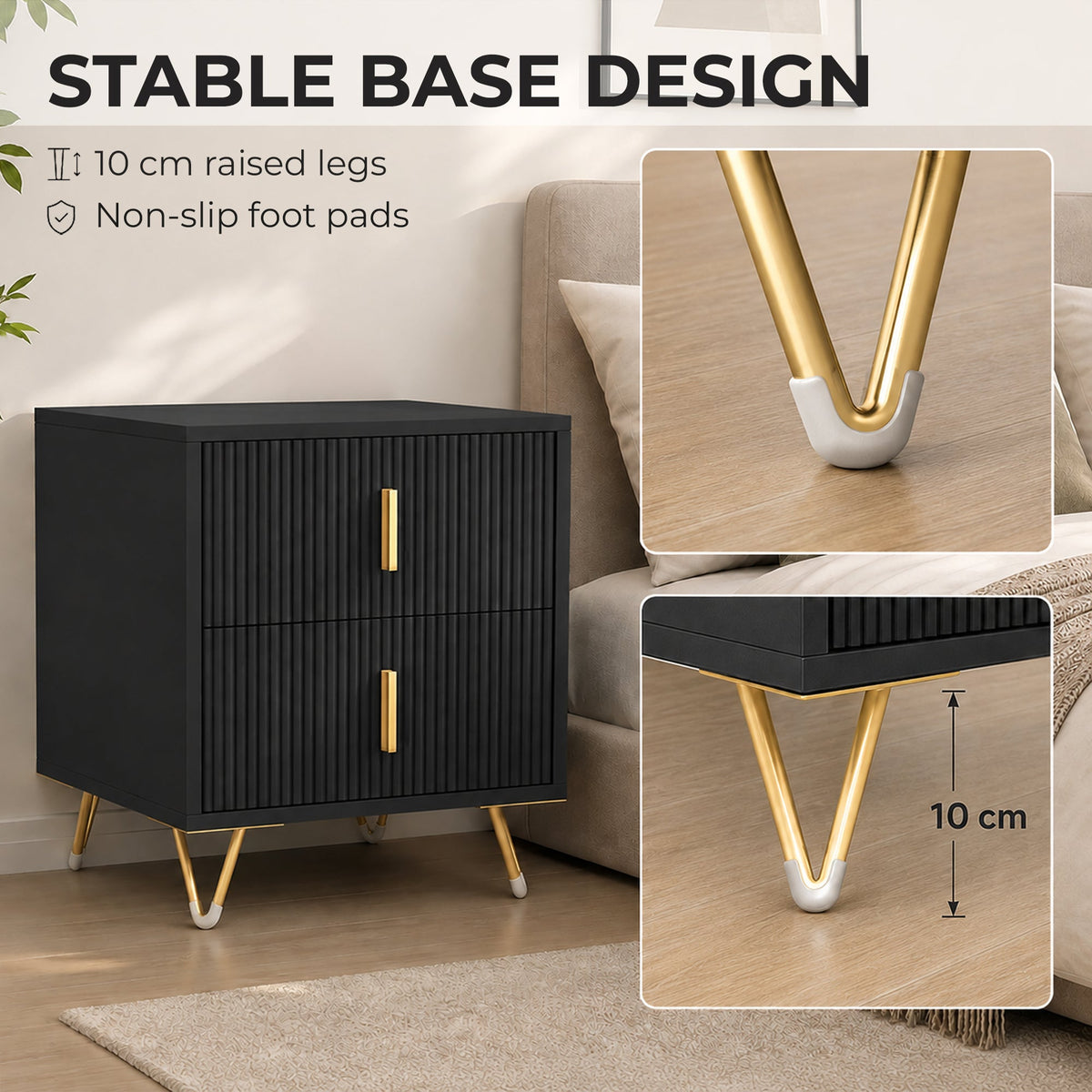 Bedside Table, Small Fluted Bedside Cabinet with 2 Drawers, Modern Nightstand, End Sofa Side Table with Hairpin Legs for Bedroom, Living Room, Black