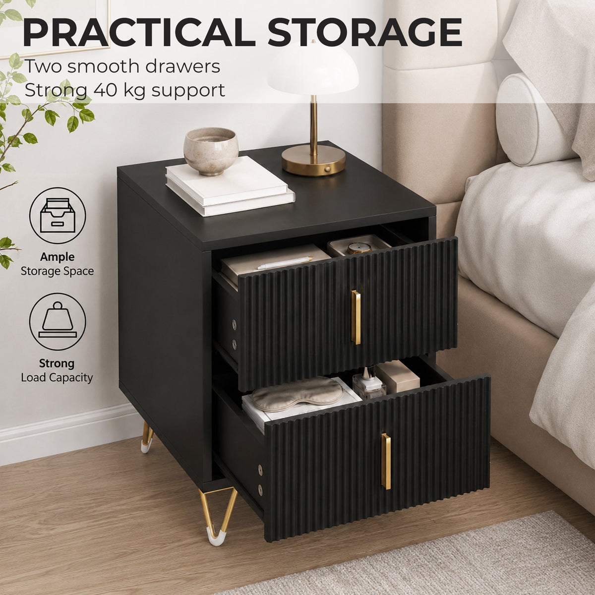 Bedside Table, Small Fluted Bedside Cabinet with 2 Drawers, Modern Nightstand, End Sofa Side Table with Hairpin Legs for Bedroom, Living Room, Black