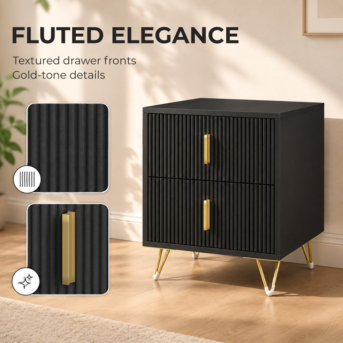 Bedside Table, Small Fluted Bedside Cabinet with 2 Drawers, Modern Nightstand, End Sofa Side Table with Hairpin Legs for Bedroom, Living Room, Black