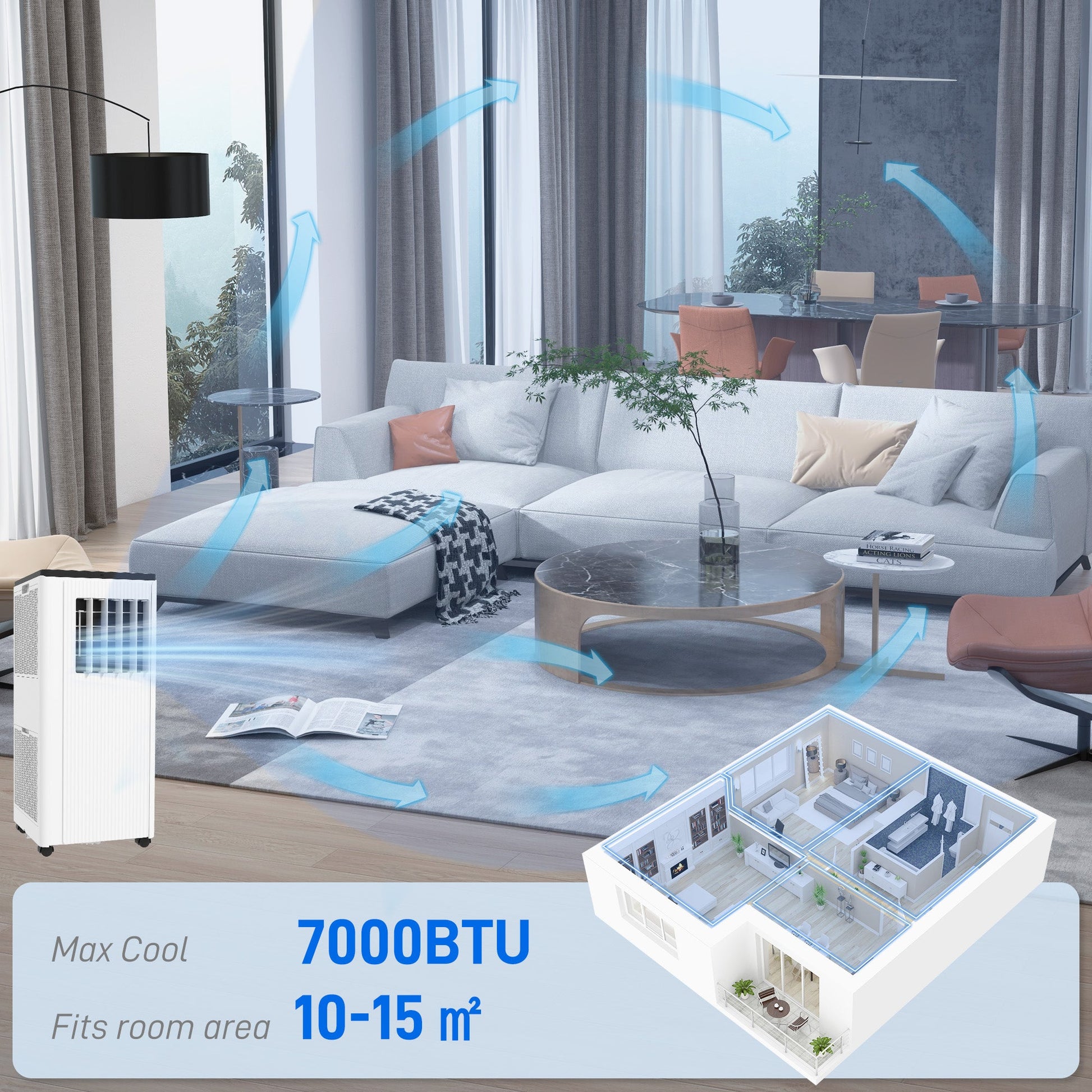 HOMCOM 7000 BTU Air Conditioning Unit, Smart Home WiFi App Compatible, 3-in-1 Portable Air Conditioner, Dehumidifier, Cooling Fan with 24H Timer, Remote, LED Display, 2 Speeds, Window Kit, 15m²