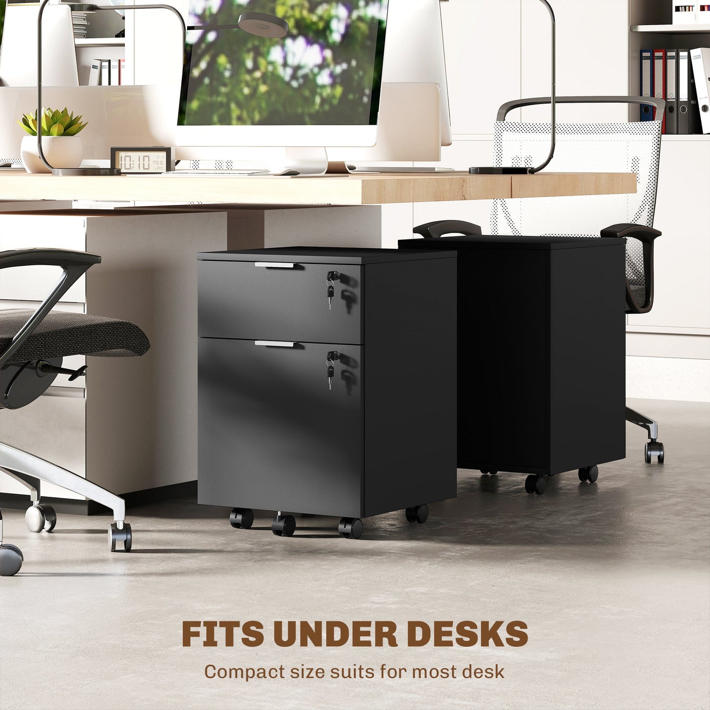 Mobile File Cabinet with Wheels and Lock, 2 Drawer Under Desk Office Cabinet, Adjustable A4 and Letter Hanging Bars, Black