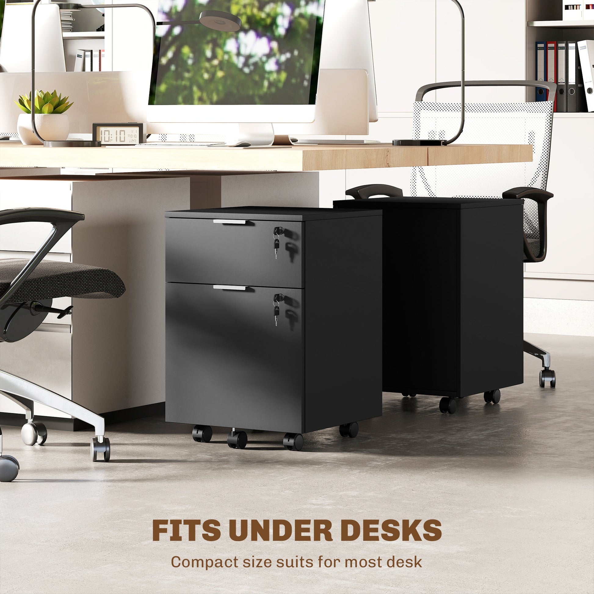 Mobile File Cabinet with Wheels and Lock, 2 Drawer Under Desk Office Cabinet, Adjustable A4 and Letter Hanging Bars, Black