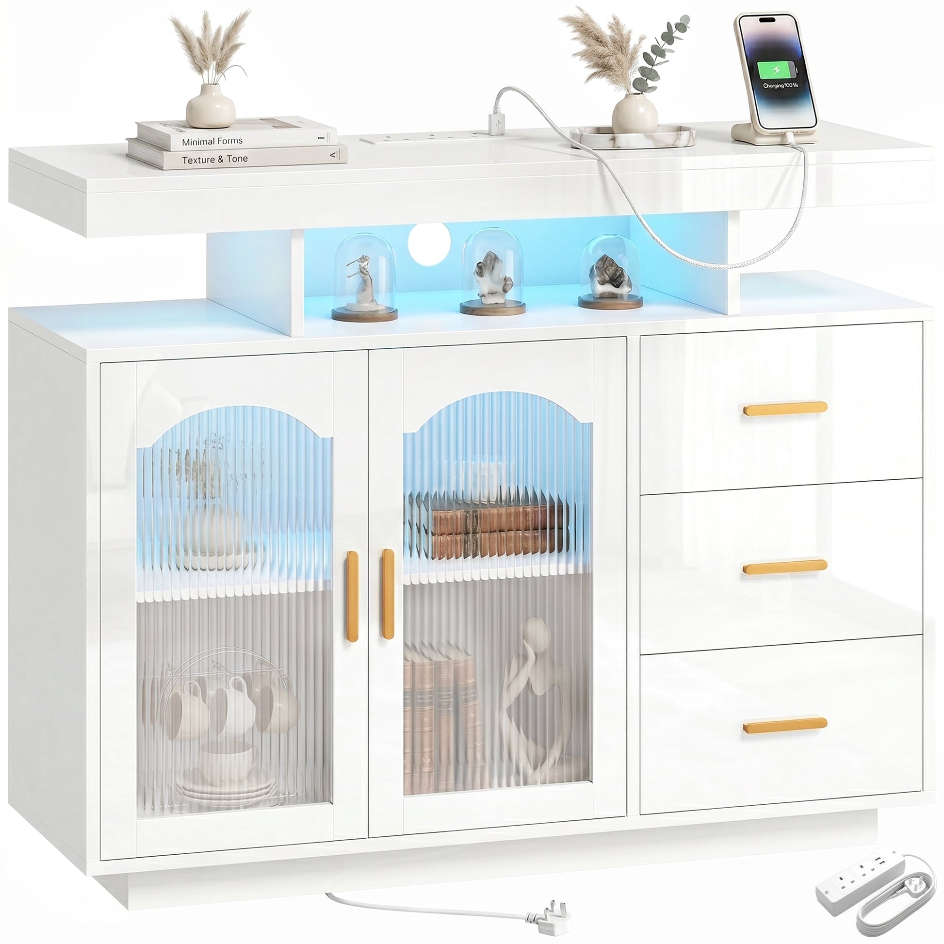 High Gloss Sideboard with LED Lights, Built-in Power Outlets, Modern Storage Cabinet with 3 Drawers, Shelves and 2 Acrylic Doors, Soft-Close TV Stand Unit for 72-Inch TVs, Living Room, White