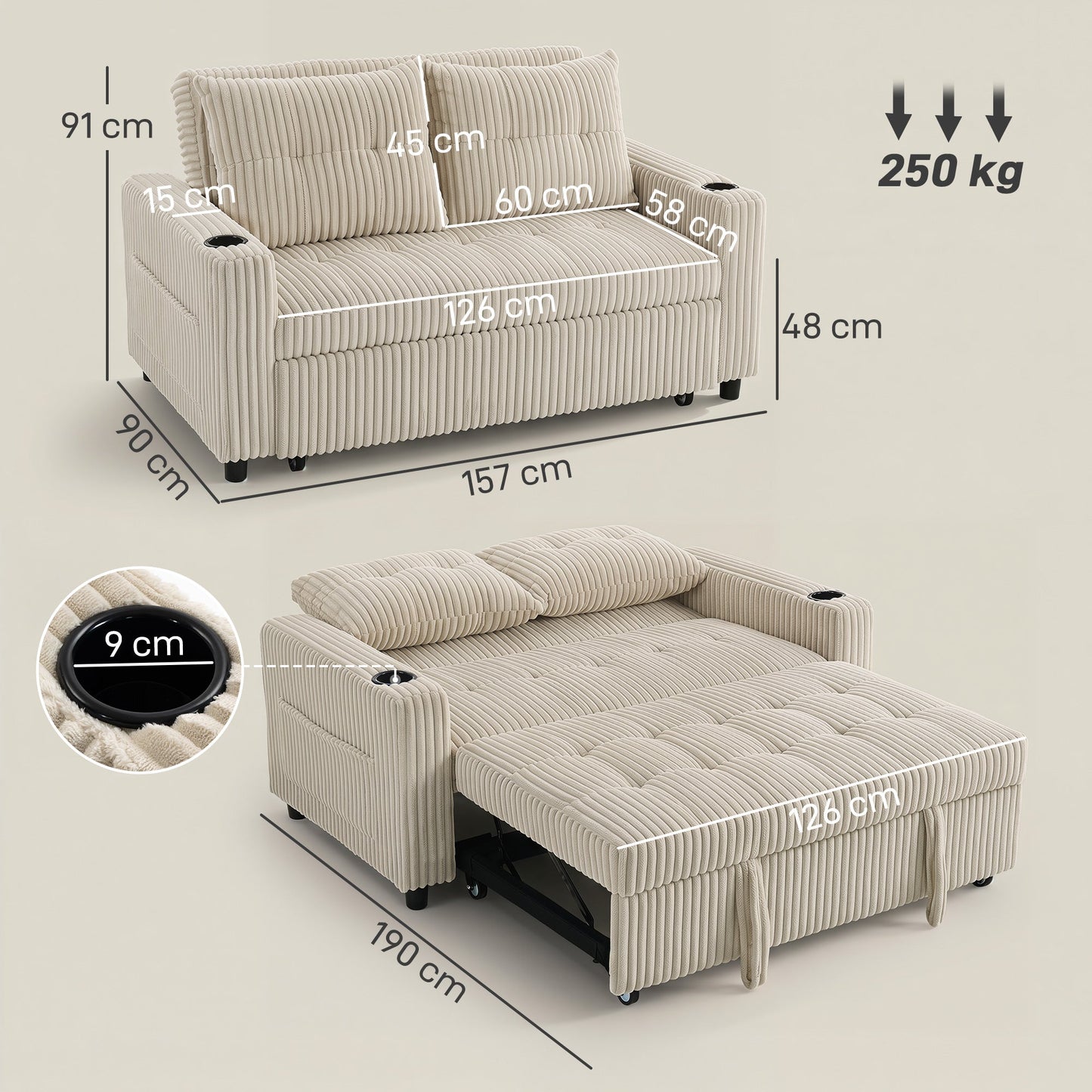 2 Seater Sofa Bed, Corduroy Click Clack Sleeper Sofa with Pull Out Design, 2 Pillows, Cup Holders, Side Pockets, Convertible Loveseat Bed Settee for Living Room, 157x190cm, Cream White