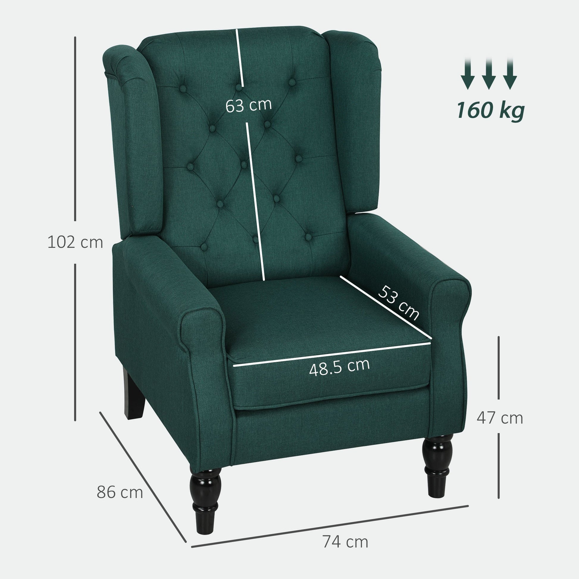 Retro Accent Chair, Linen Wingback Armchair with Wood Frame Button Tufted Design for Living Room Bedroom, Dark Green