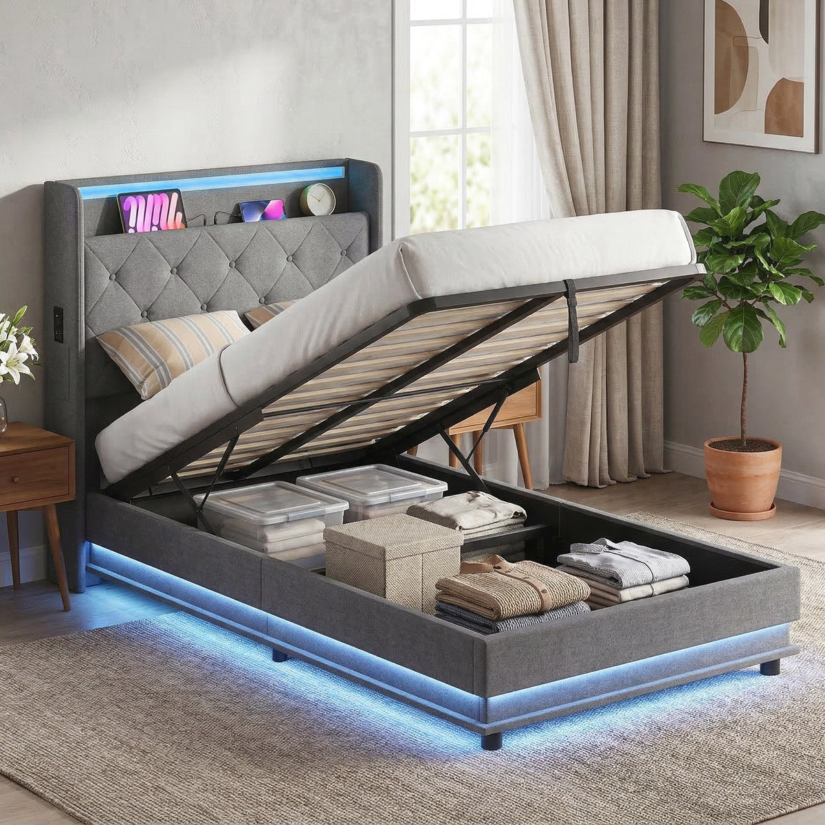 3ft Single Ottoman Bed Frame with Hydraulic Storage, APP Control LED Lights and Charging Station, Upholstered Lift Up Storage Bed Frame with Headboard, No Box Spring Needed, Dark Grey