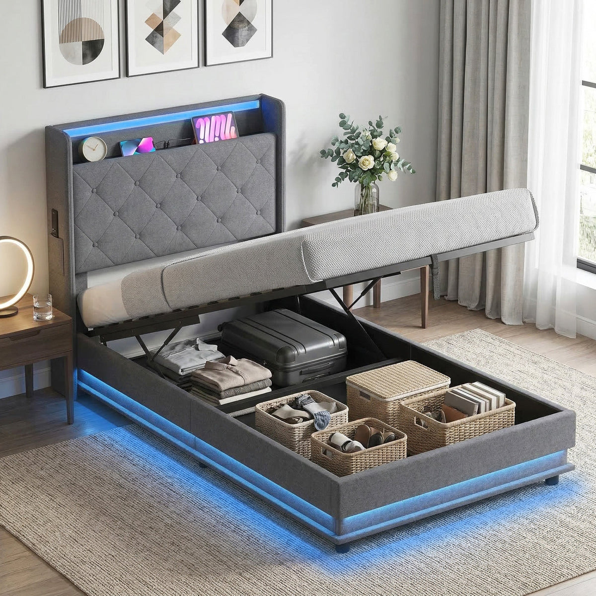 3ft Single Ottoman Bed Frame with Hydraulic Storage, APP Control LED Lights and Charging Station, Upholstered Lift Up Storage Bed Frame with Headboard, No Box Spring Needed, Dark Grey