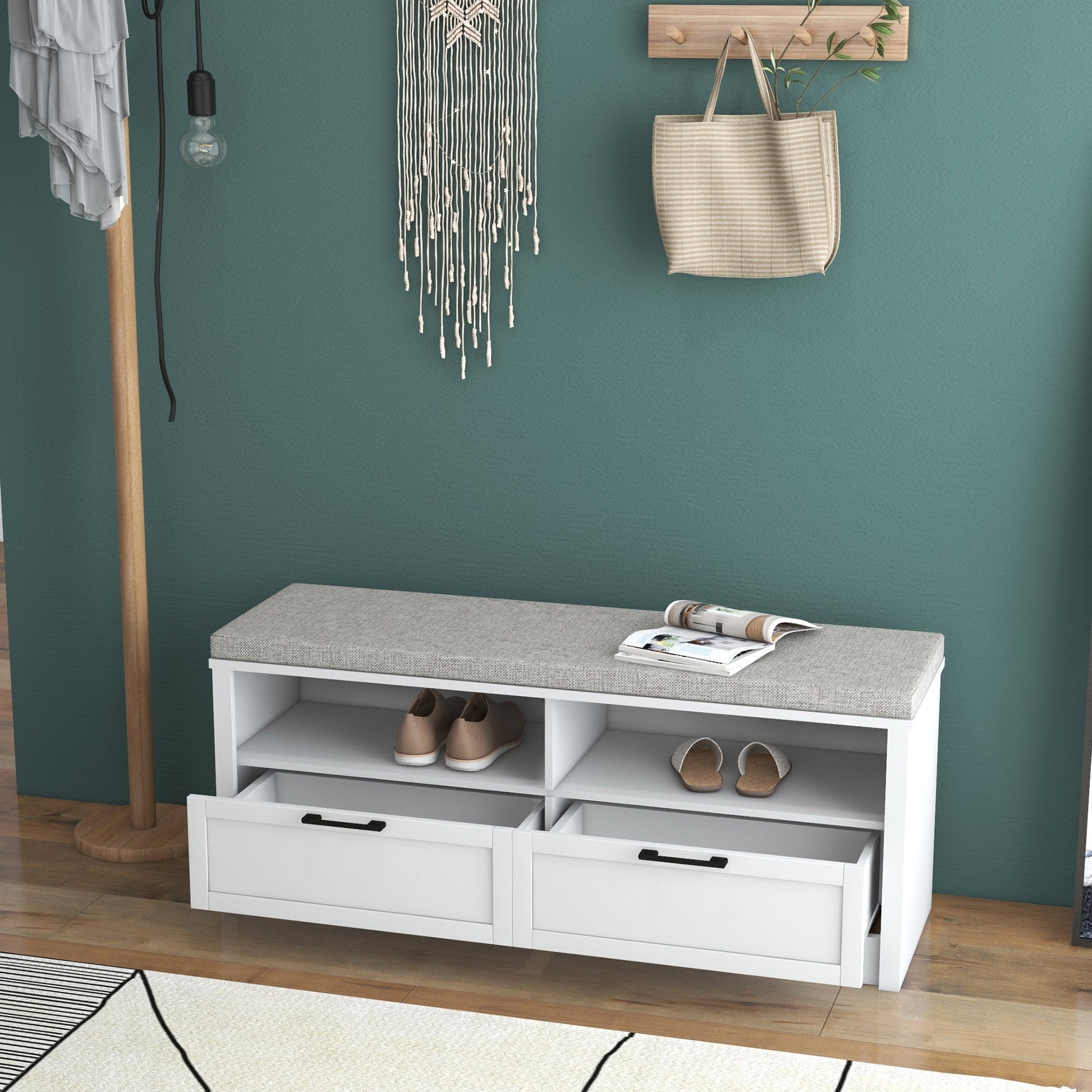 HOMCOM Shoe Bench with Removable Cushion, Shoe Storage Bench with Padded Seat, Open Compartments and Drawers for Entryway Hallway