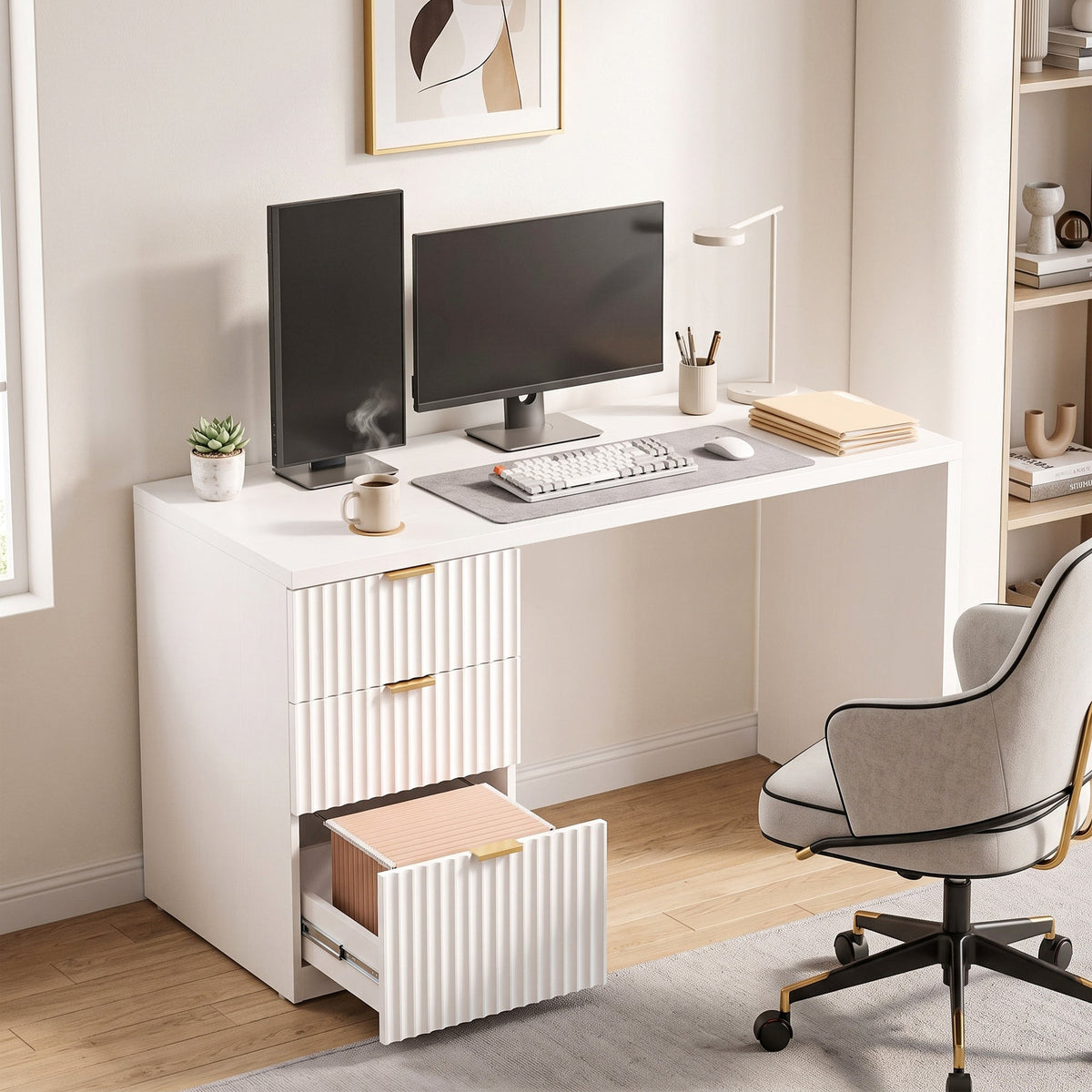 Computer Desk with 3 Drawers, 120 cm Reversible Home Office Desk with Storage, Thick Top, Modern Study Table with File Drawer for A4 and Letter Size, Bedroom, Studio, White
